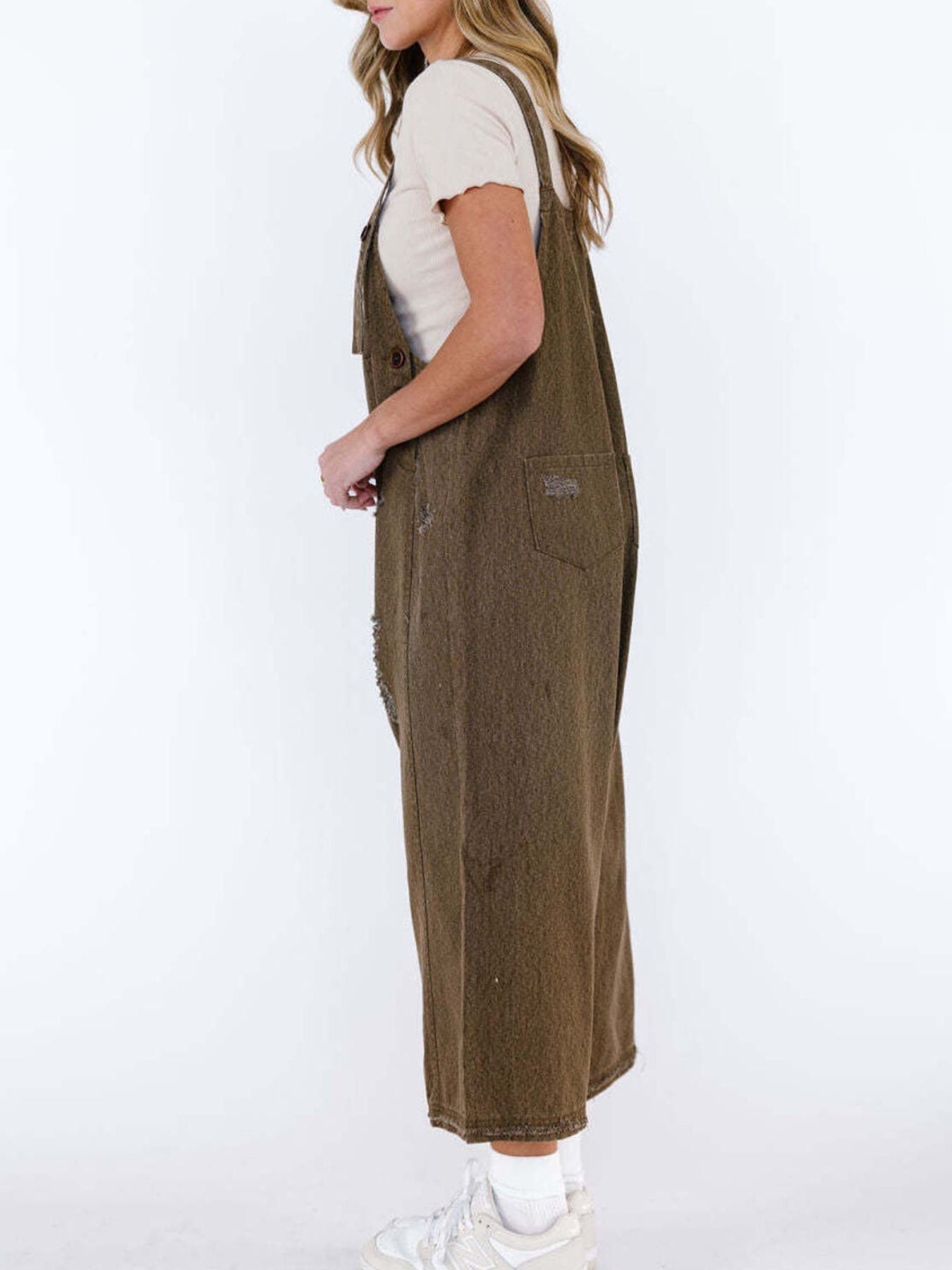 Distressed Wide Leg Denim Overalls by Dreamy Drapes