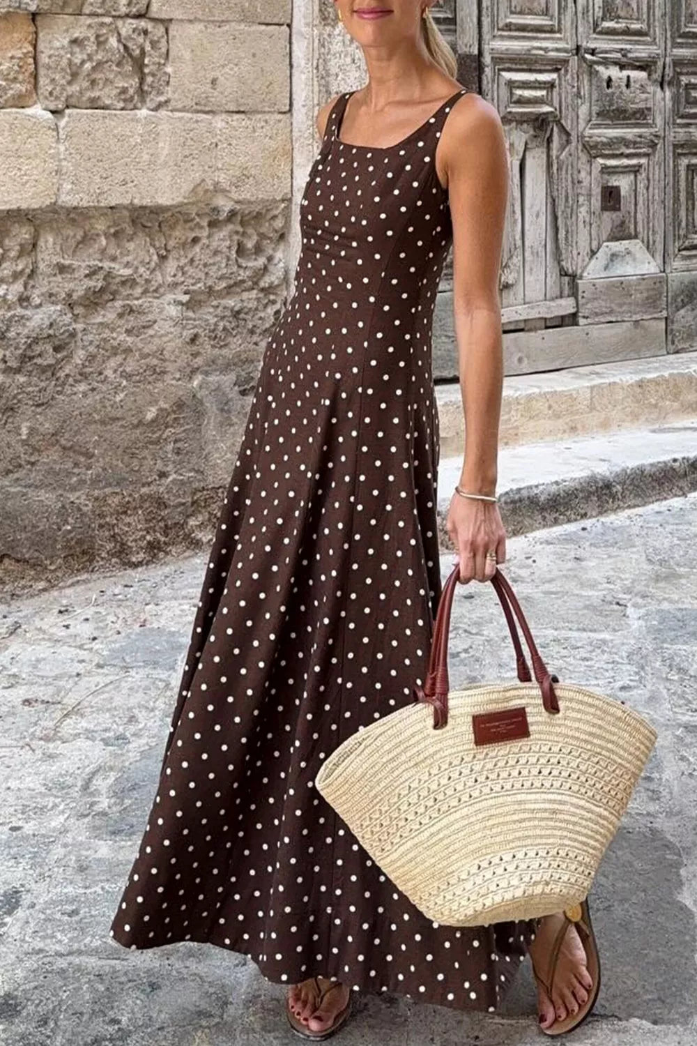 Polka Dot Square Neck Maxi Dress in Coffee Brown