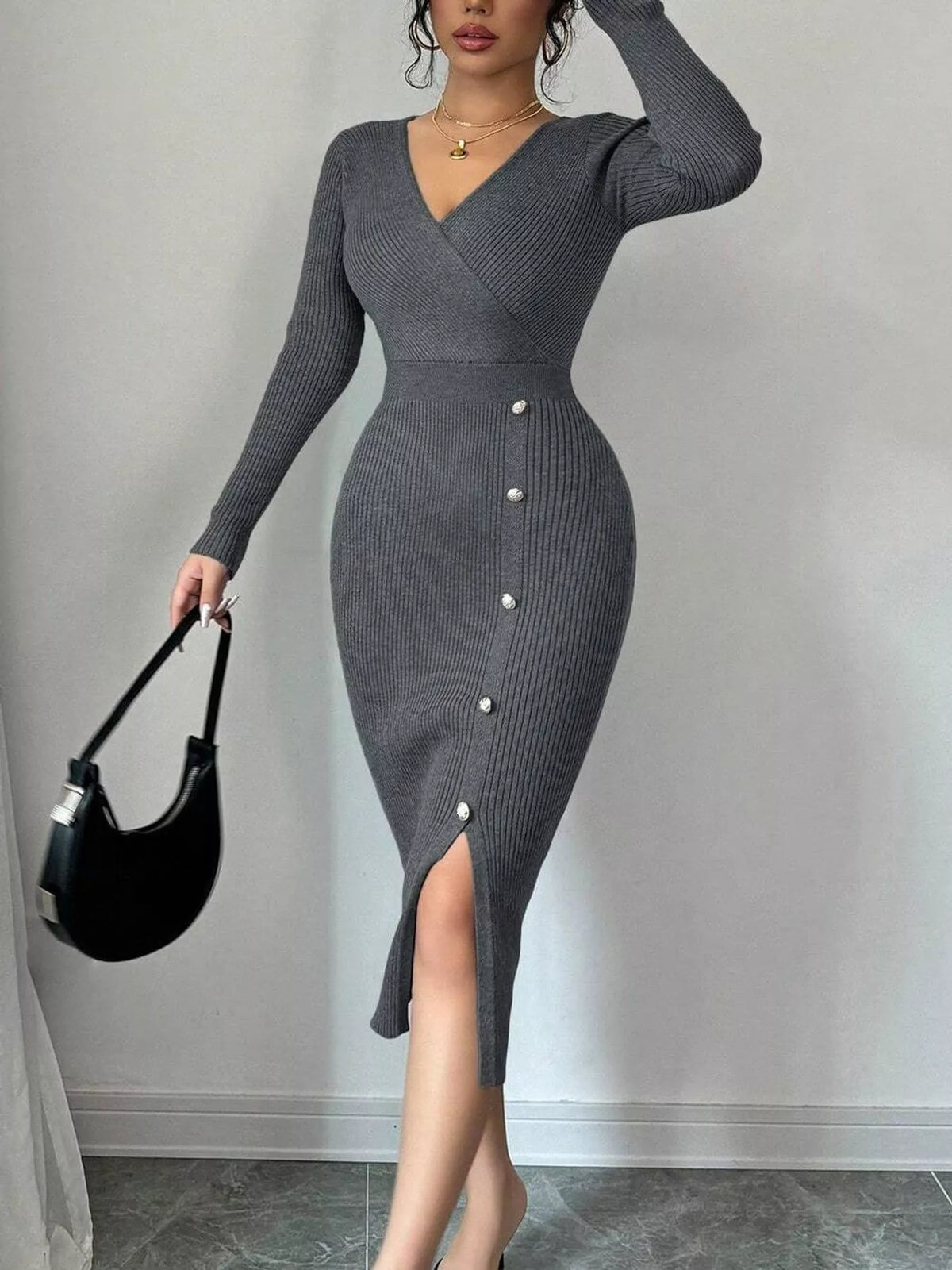 Decorative Button Ribbed Knit Sweater Dress