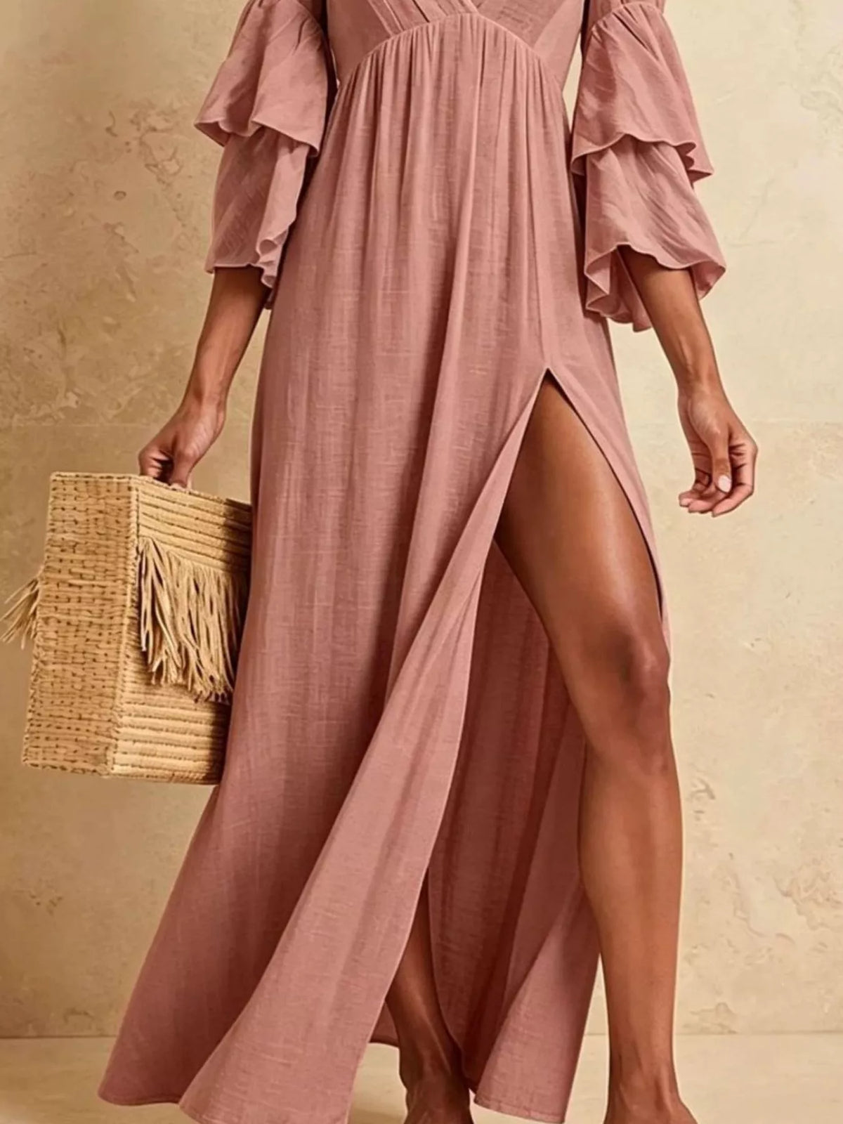 Tiered Ruffle Sleeve High-Slit Maxi Dress
