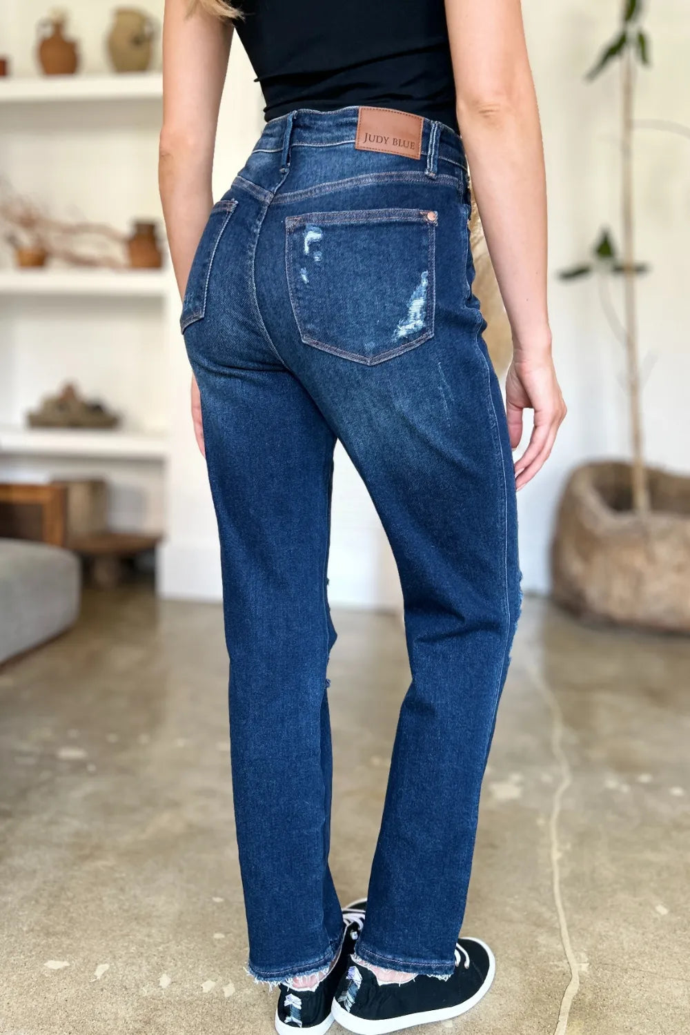 Judy Blue High Waist Heavy Destroy Straight Jeans in Dark