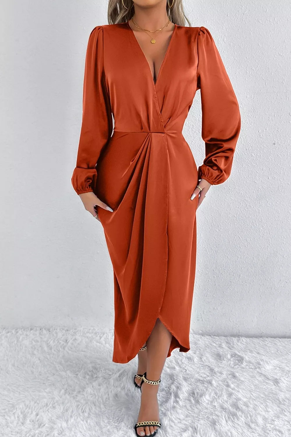 Satin Balloon Sleeve Midi Dress with Side Split