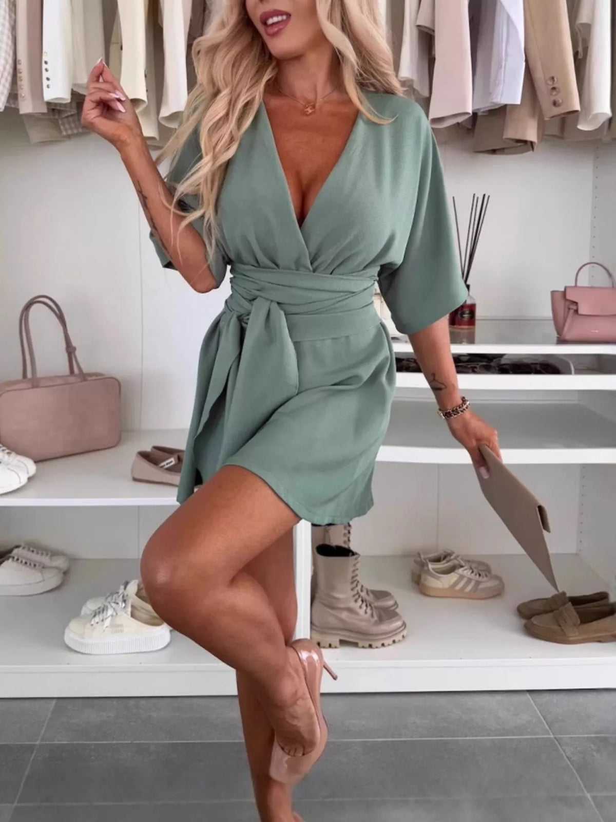 Belted Surplice Tie-Waist Romper