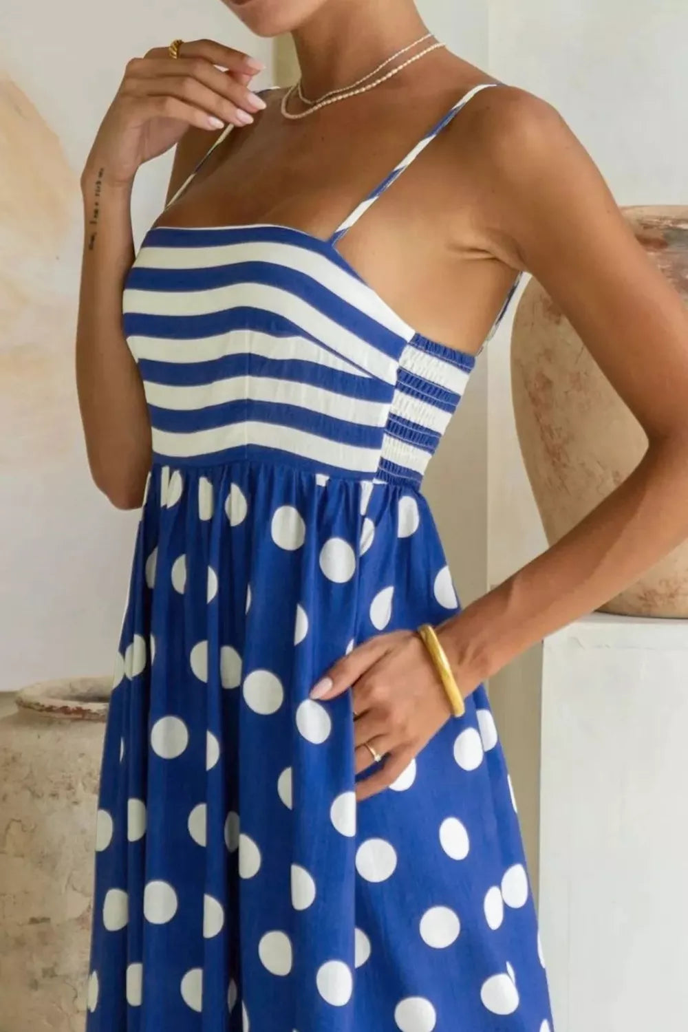 Patchwork Spaghetti Strap Maxi Dress in Navy