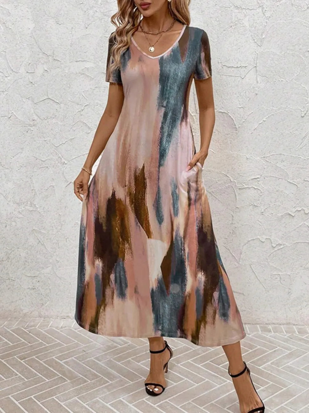 Tie-Dye V-Neck Pocketed Midi Tee Dress by Sara Roman