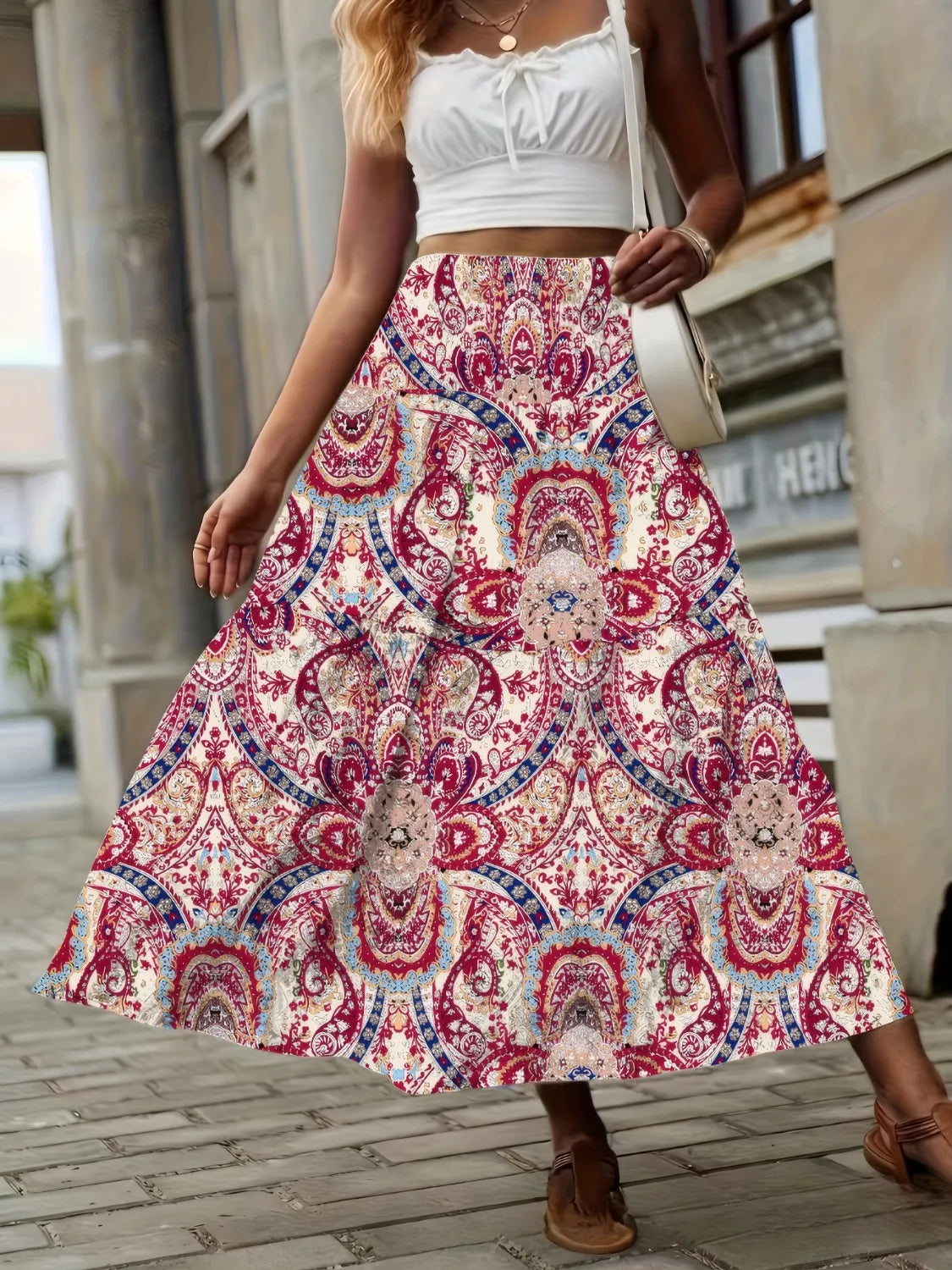 Smocked Printed High-Waisted Skirt