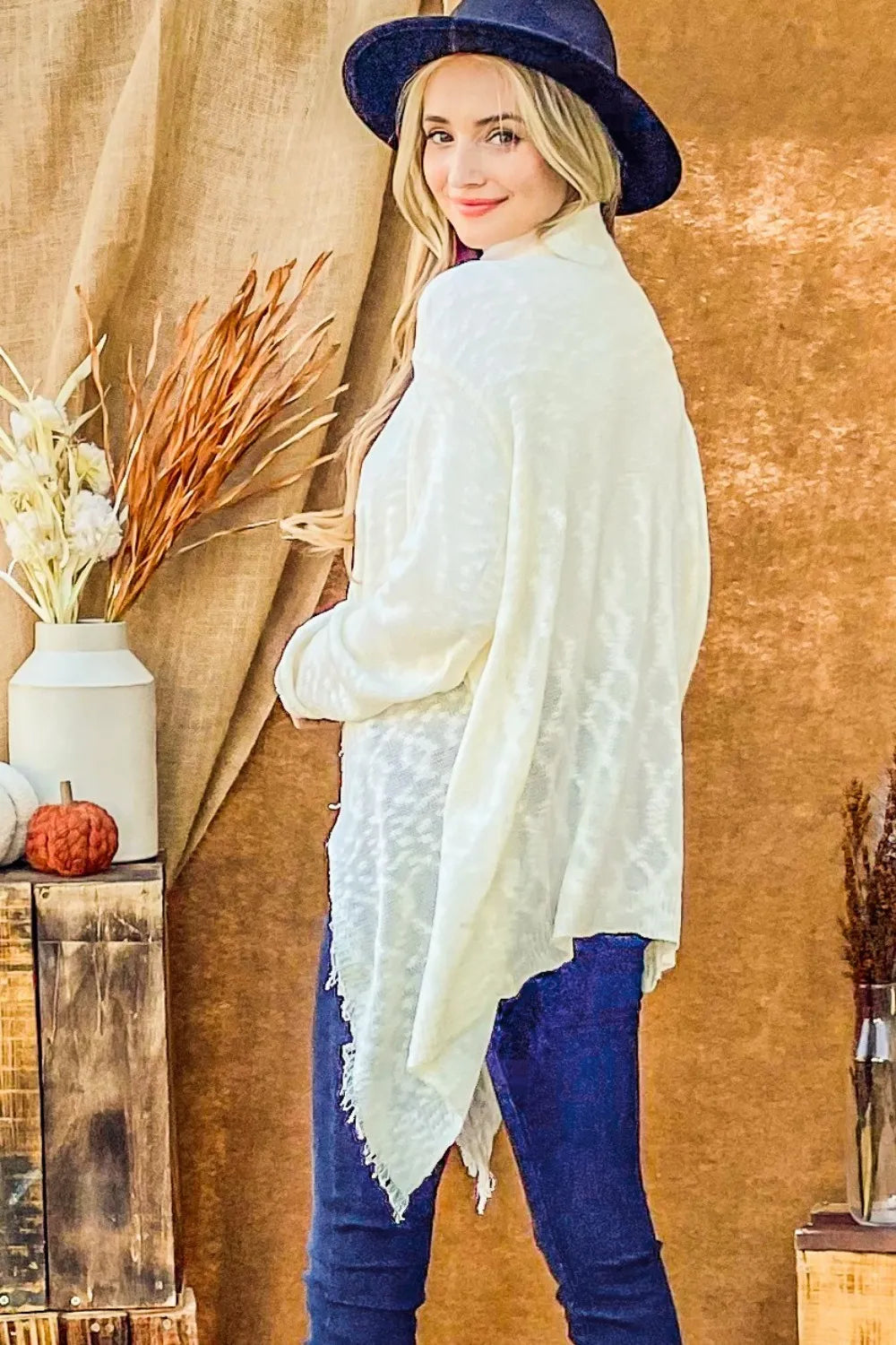 And The Why Textured Knit Fringe Hem Cardigan in Ivory