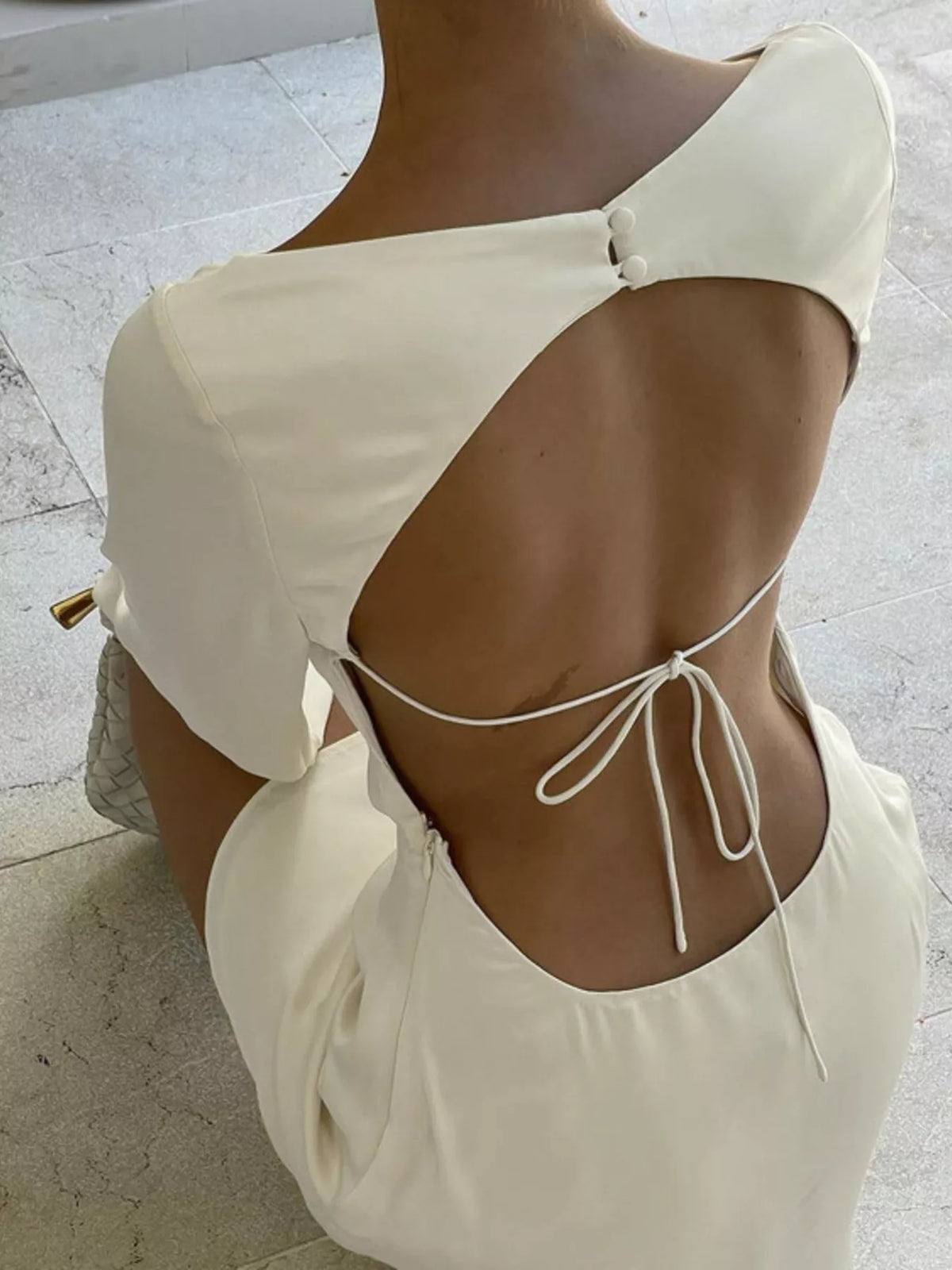 Backless Long Sleeve Mini Dress in Beige