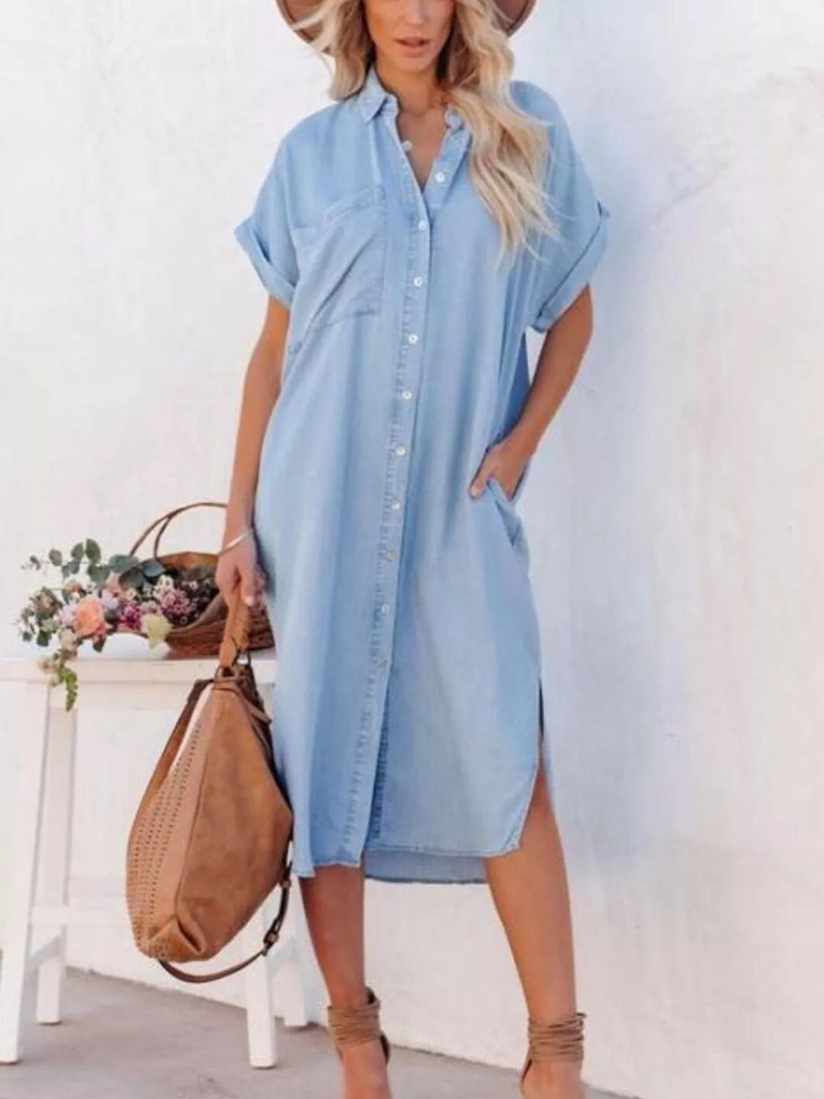 Button-Front Shirt Dress in Light Blue