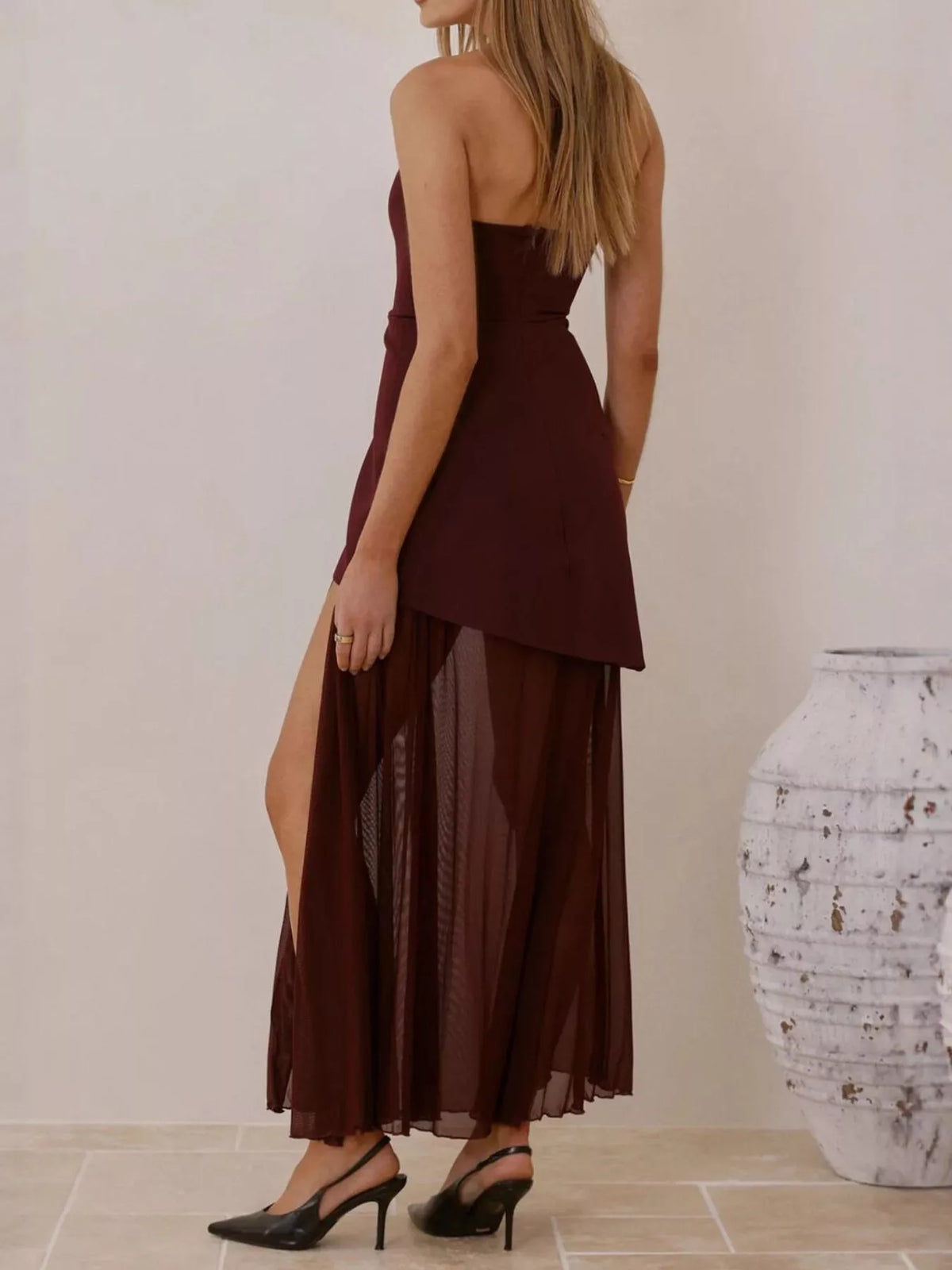 High Slit Mesh Tube Maxi Dress in Burgundy