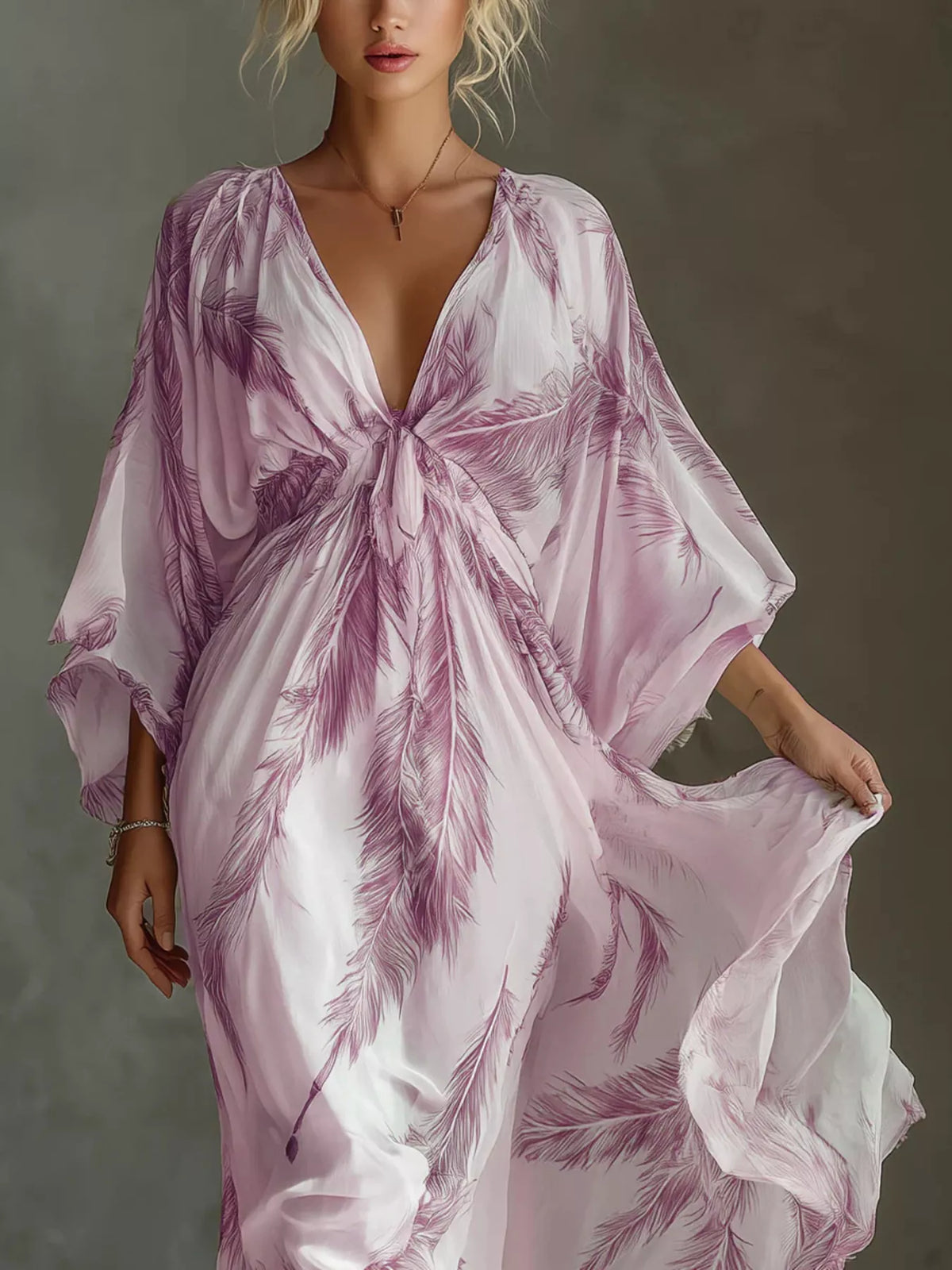 Feather Print V-Neck Flowy Maxi Dress