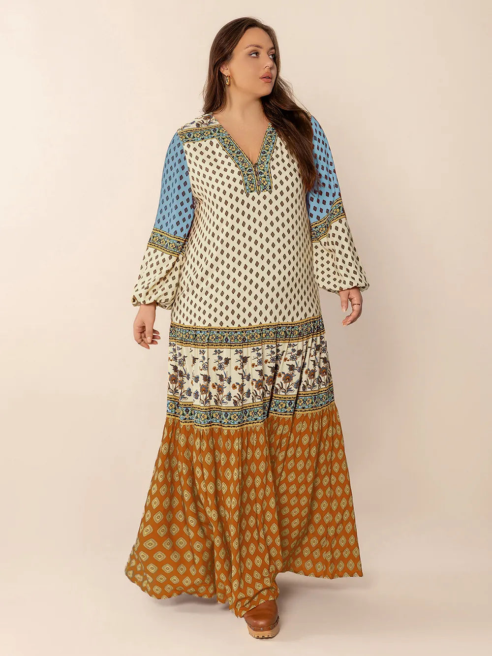 Printed V-Neck Balloon Sleeve Maxi Dress in Camel