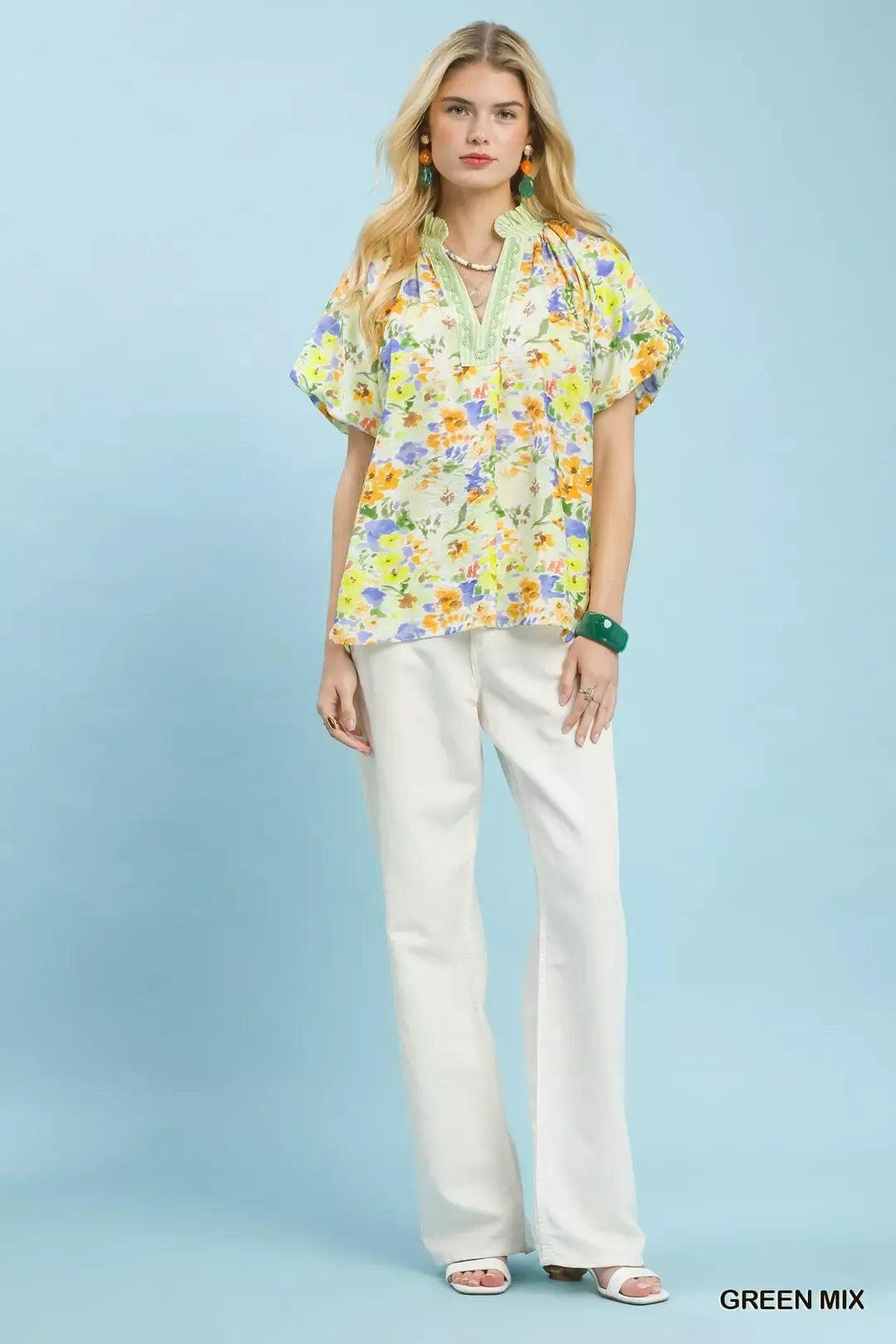 Umgee Watercolor Floral Top in Green Mix