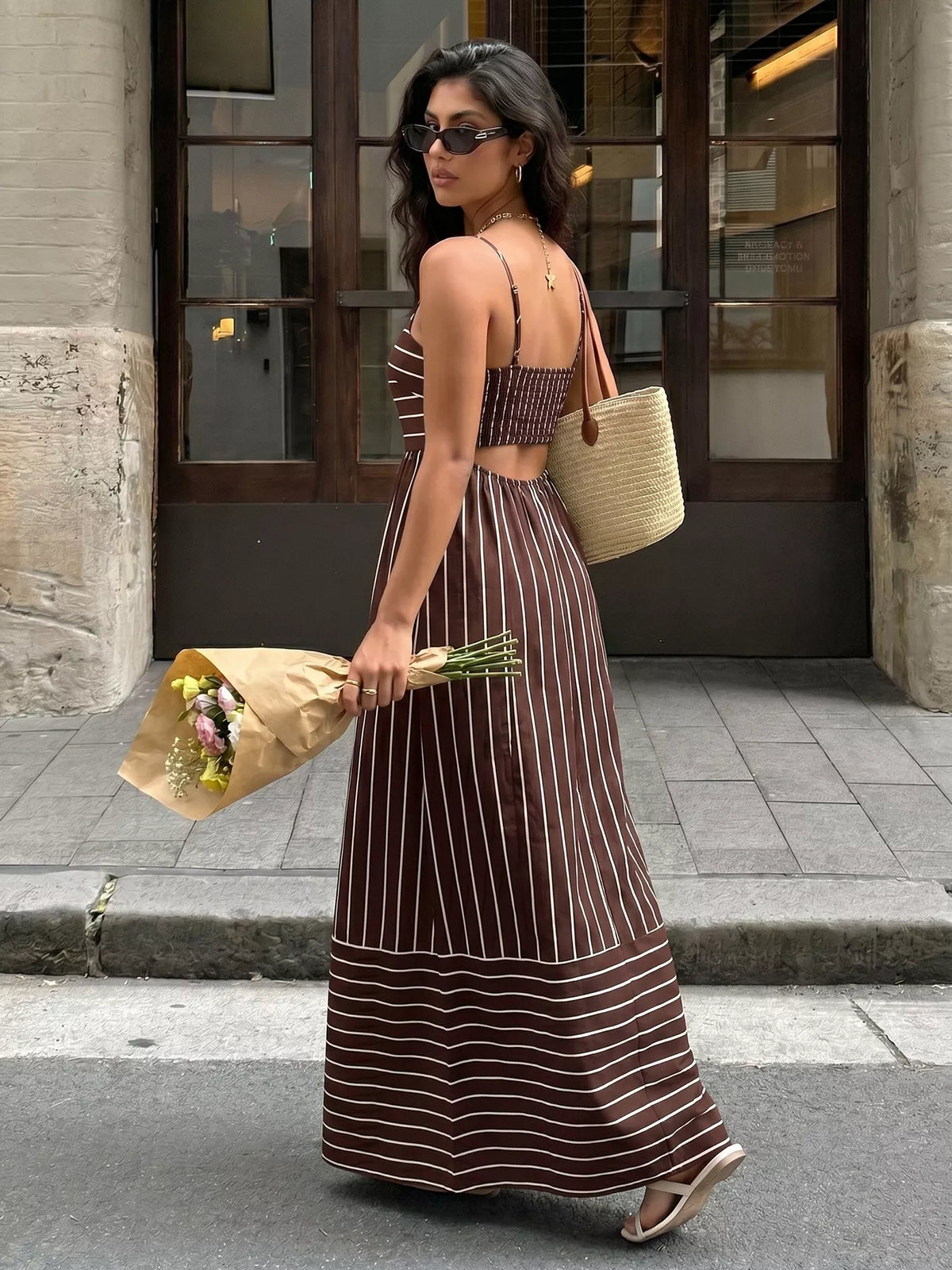 Striped Spaghetti Strap Maxi Dress with Cutout
