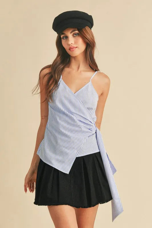 Side Knot Surplice Striped Cami in White and Sky in White/Sky