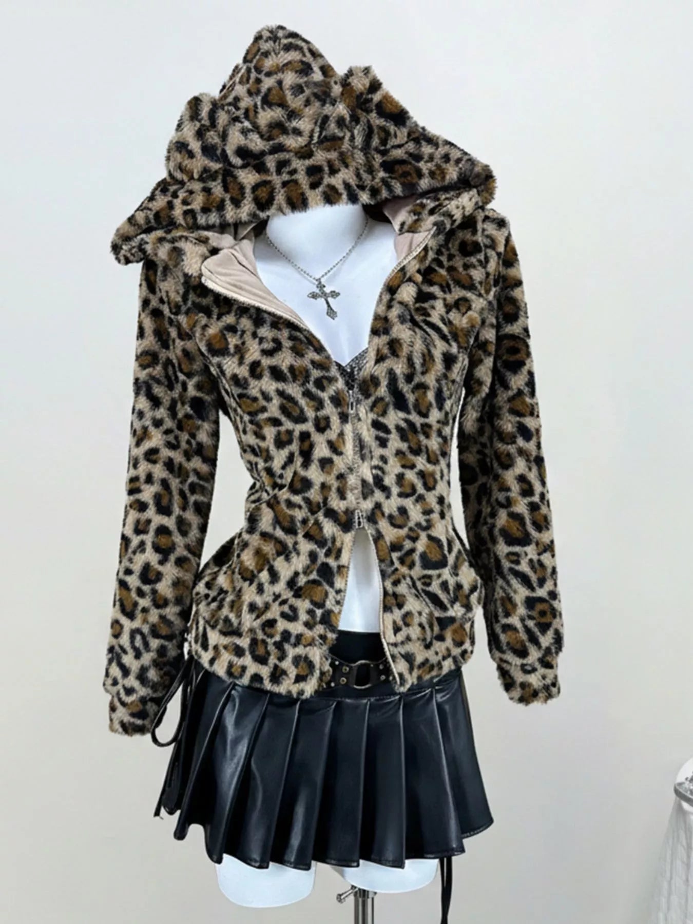 Leopard Plush Hooded Zip-Up Jacket in Brown