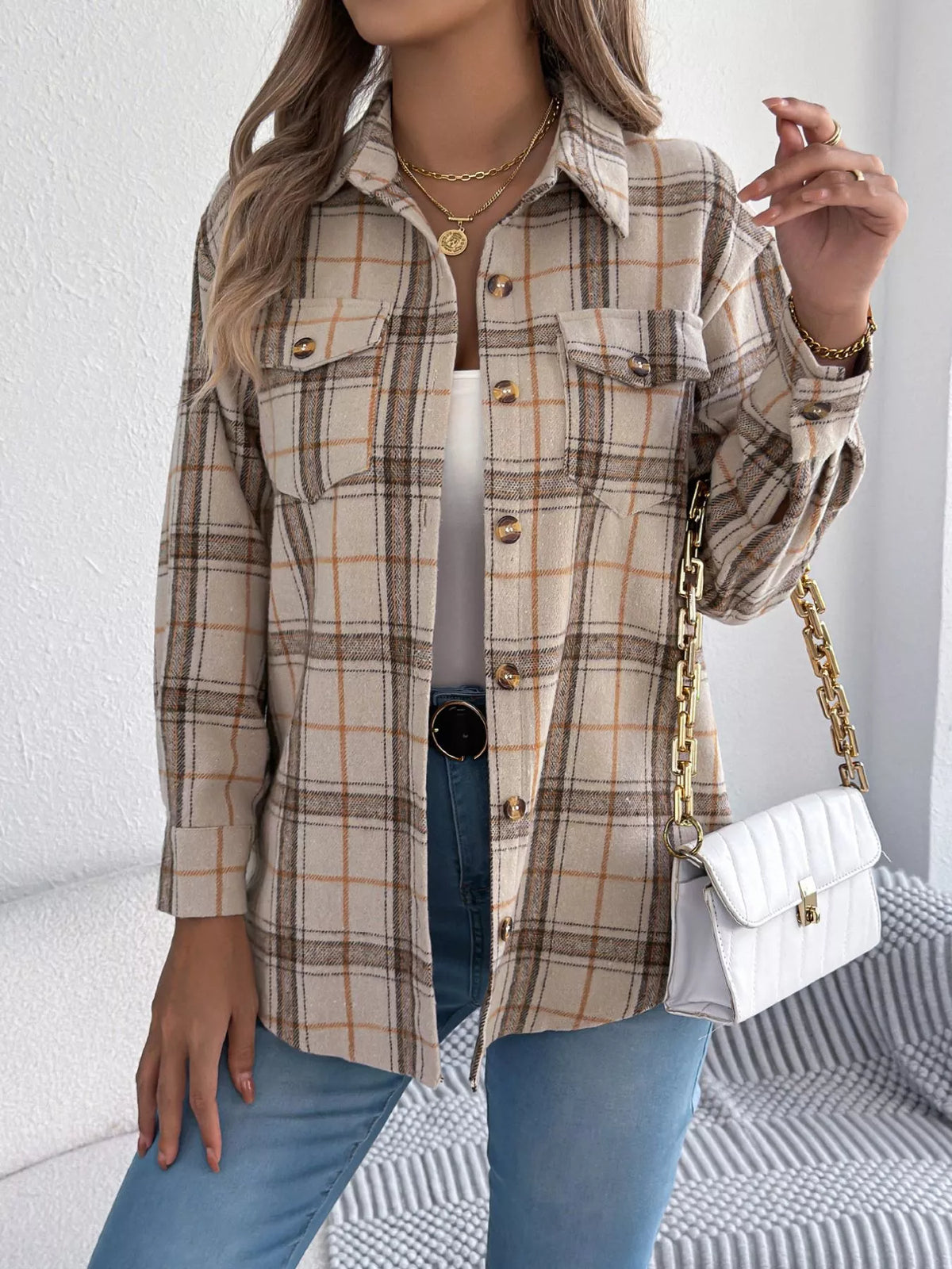 Plaid Button-Down Shacket by Clise
