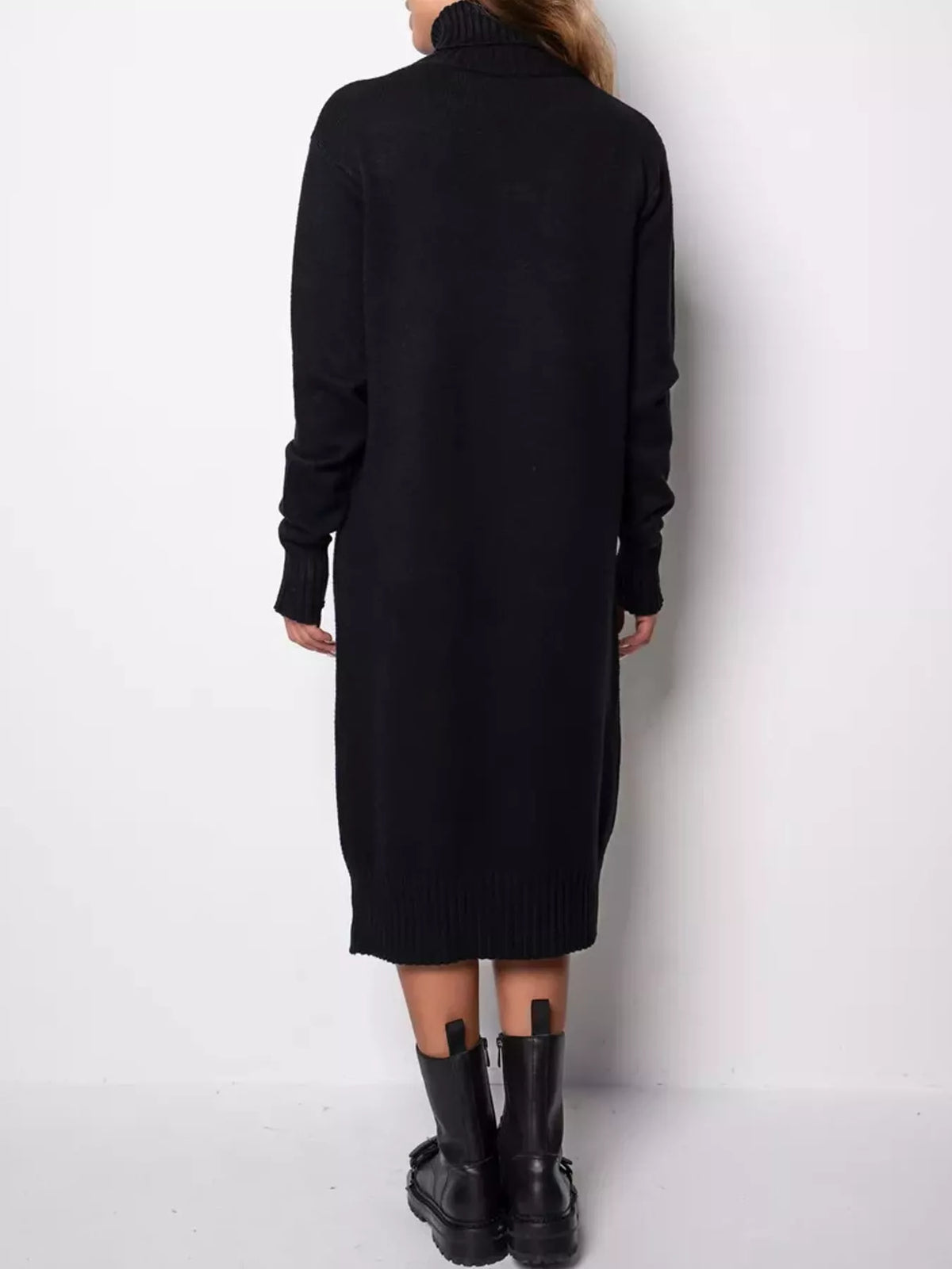 Relaxed Fit Turtleneck Ribbed Knit Sweater Dress