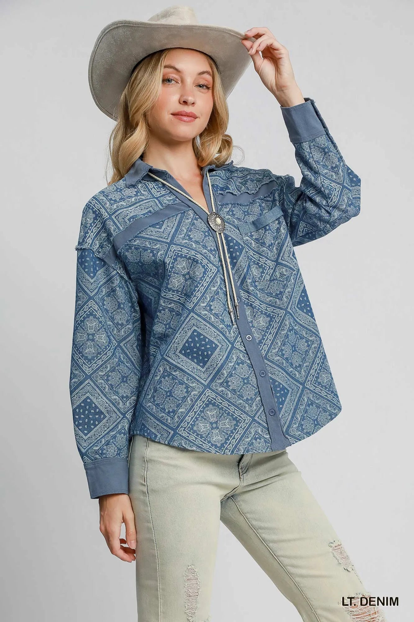 Umgee Patchwork Denim Jacket in Light Denim in Lt. denim