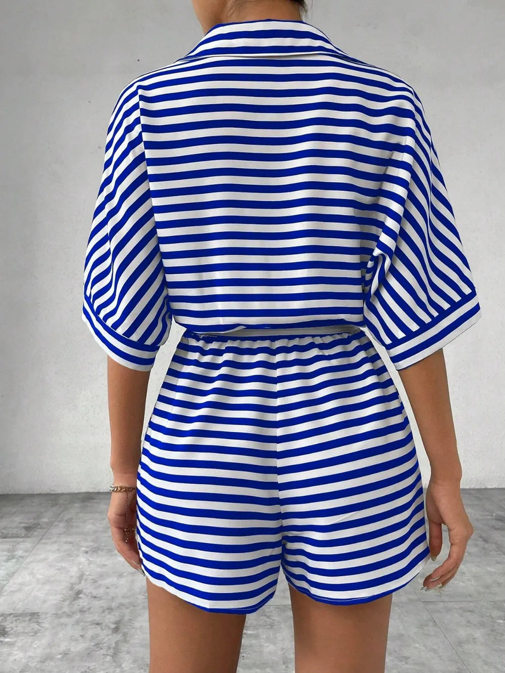 Half-Button Tie Waist Striped Romper