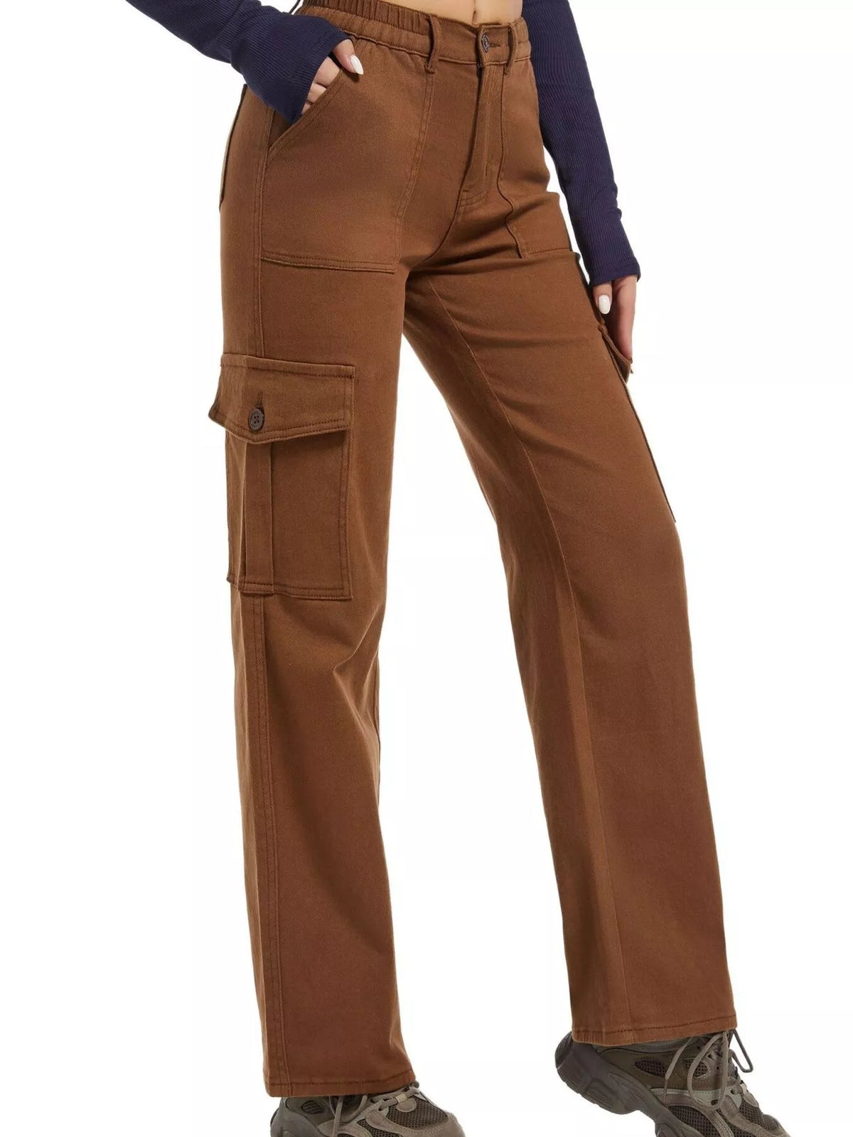 High-Waisted Cargo Jeans with Contrast Stitching