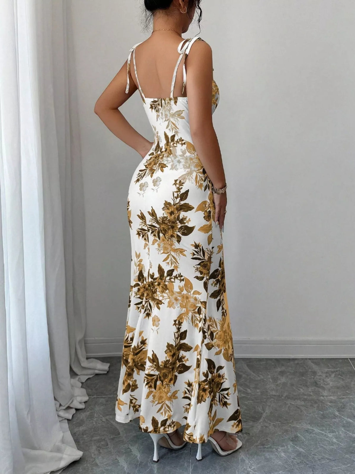 Printed Tie Strap Maxi Dress with Slit