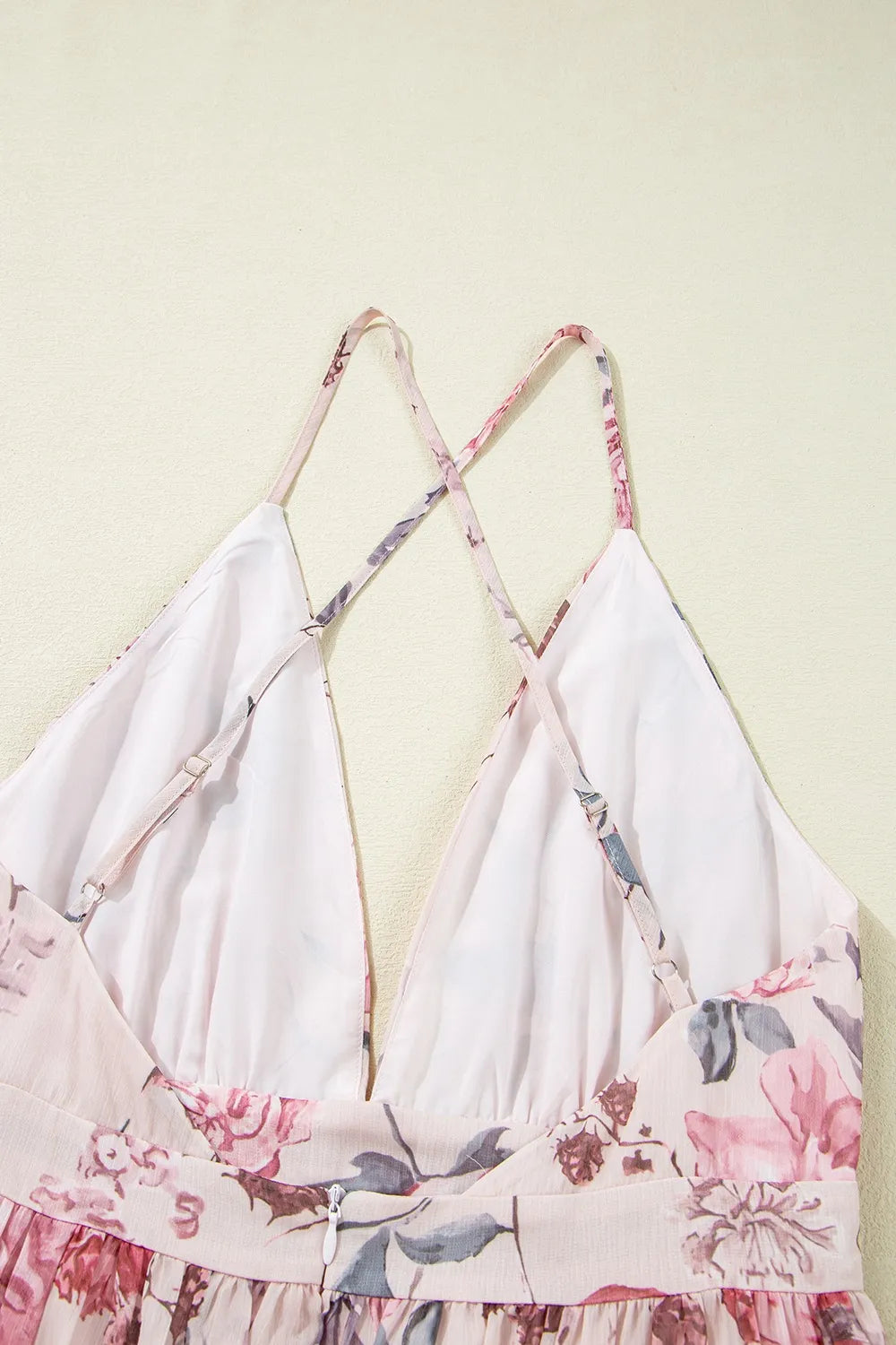 Floral Pleated Deep V Backless Maxi Dress in Blush Pink