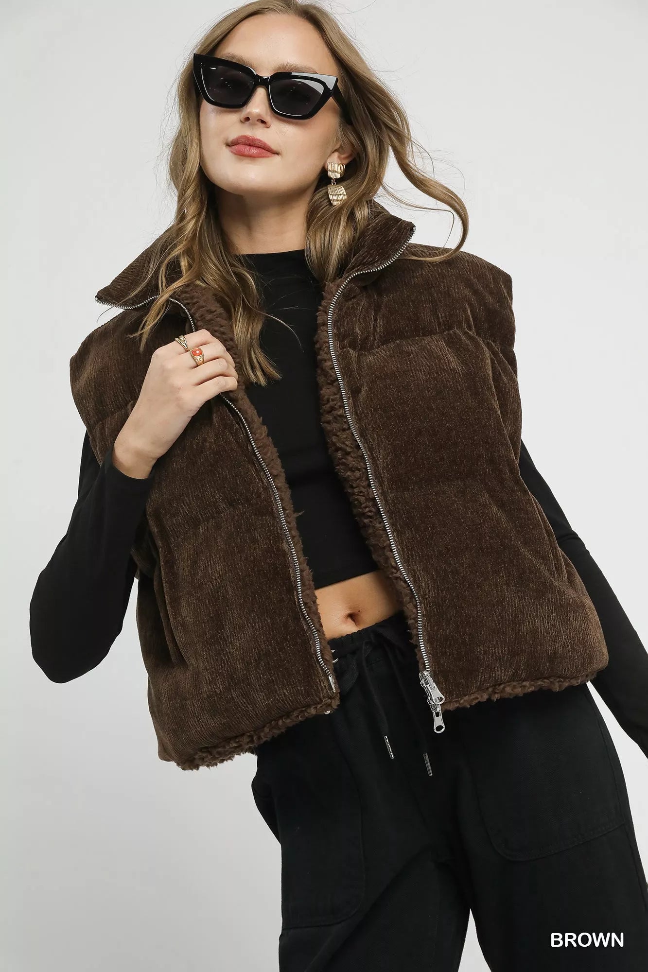 Umgee Sherpa-Lined Zip Vest in Brown