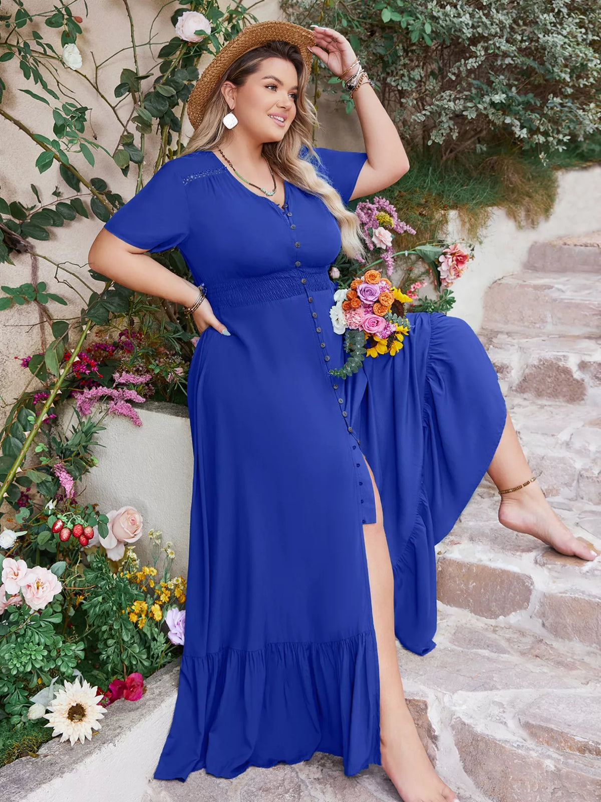 V-Neck Ruffled Hem Maxi Dress in Royal Blue