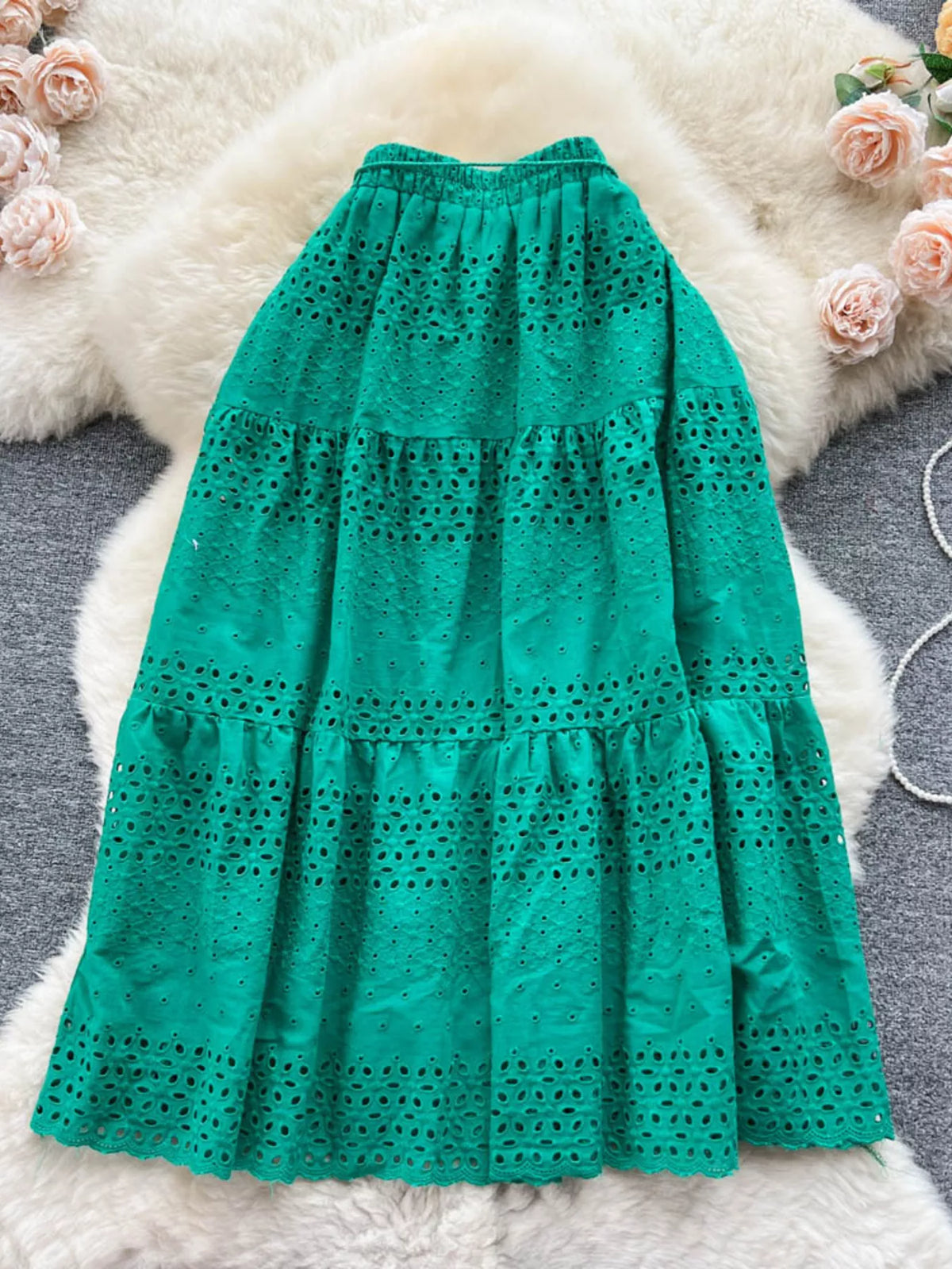 Eyelet Cutout Tiered Maxi Skirt