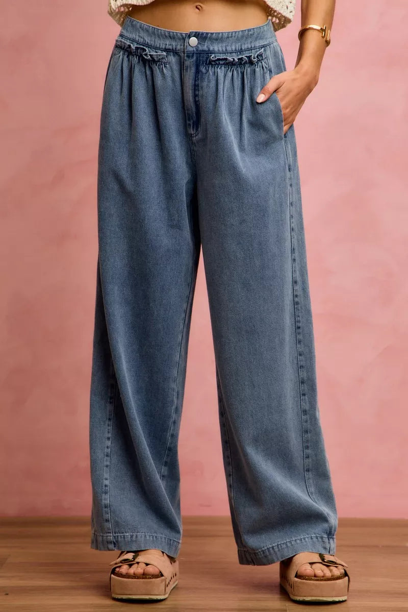 So Me Ruffled Front Wide Leg Jeans in Denim