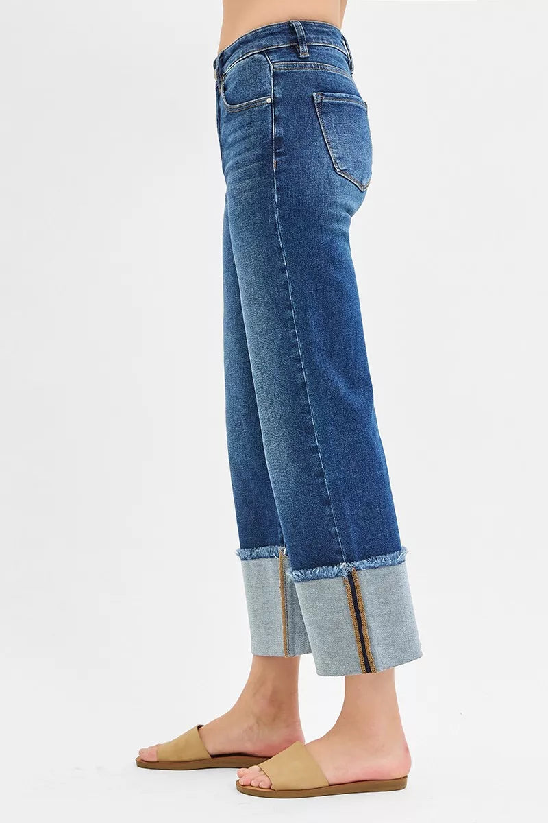 Risen Raw Hem Mid Rise Wide Crop Jeans in Dark Wash