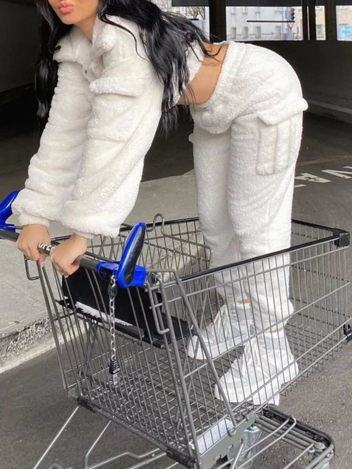 Plush Crop Top and Cargo Pants Set in White
