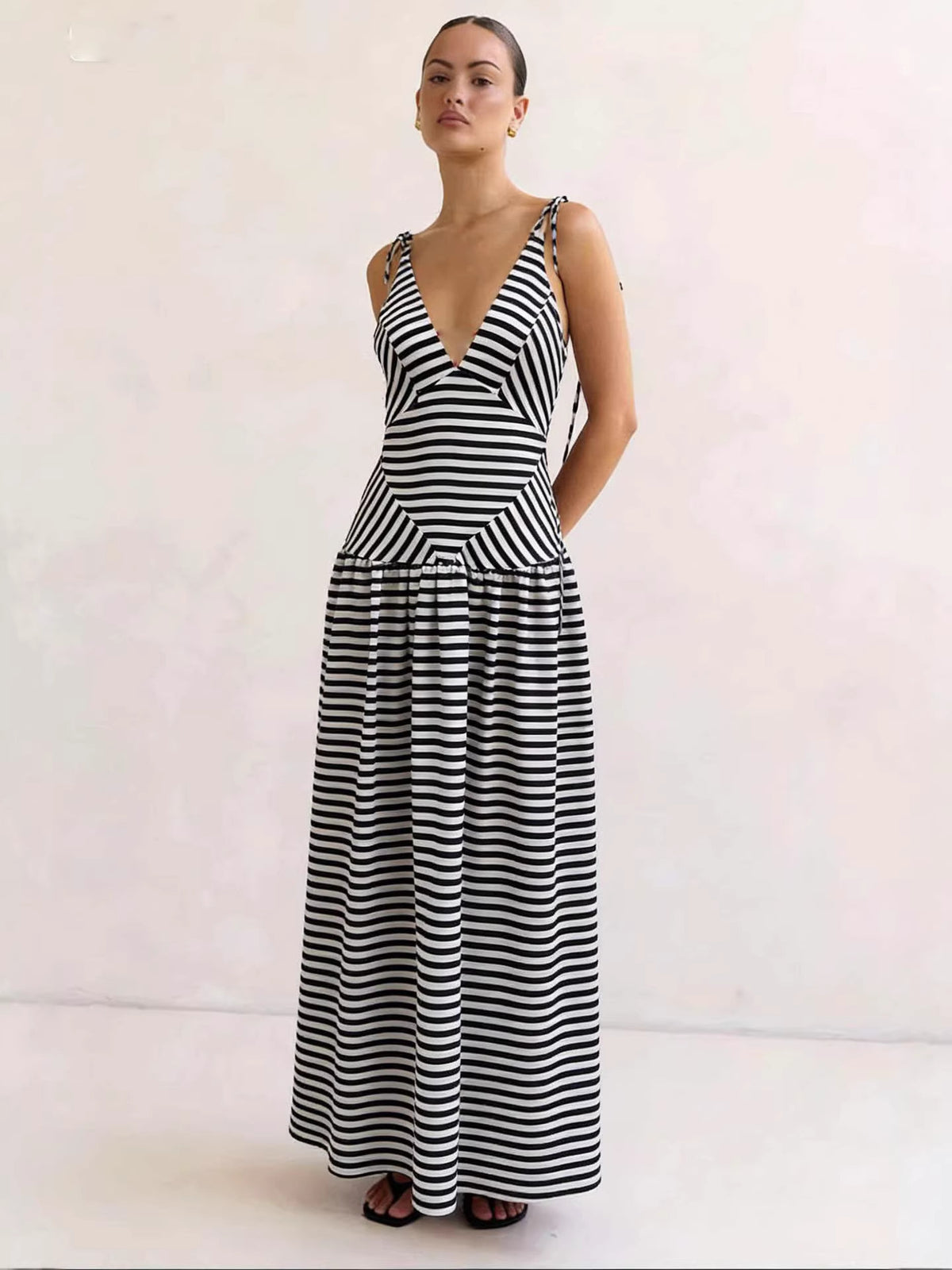 Striped V-Neck Tie-Shoulder Maxi Dress in Black