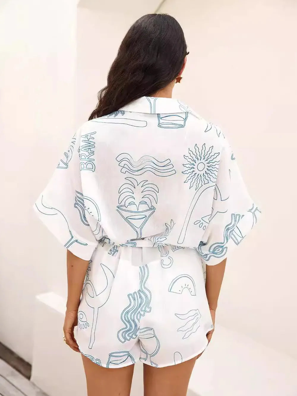 Printed Collared Half Sleeve Romper in White