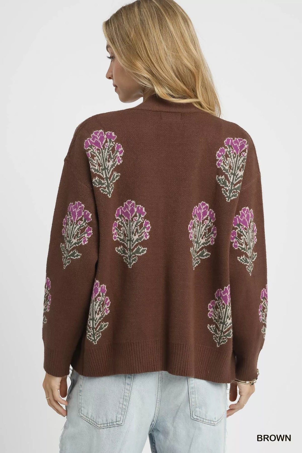 Umgee Jacquard Flower Cardigan in Brown