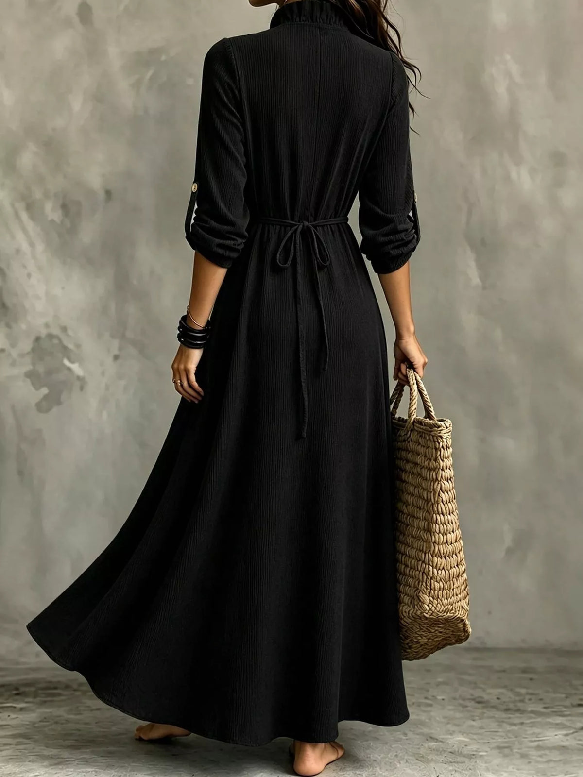 Frill Roll-Up Sleeve Maxi Dress