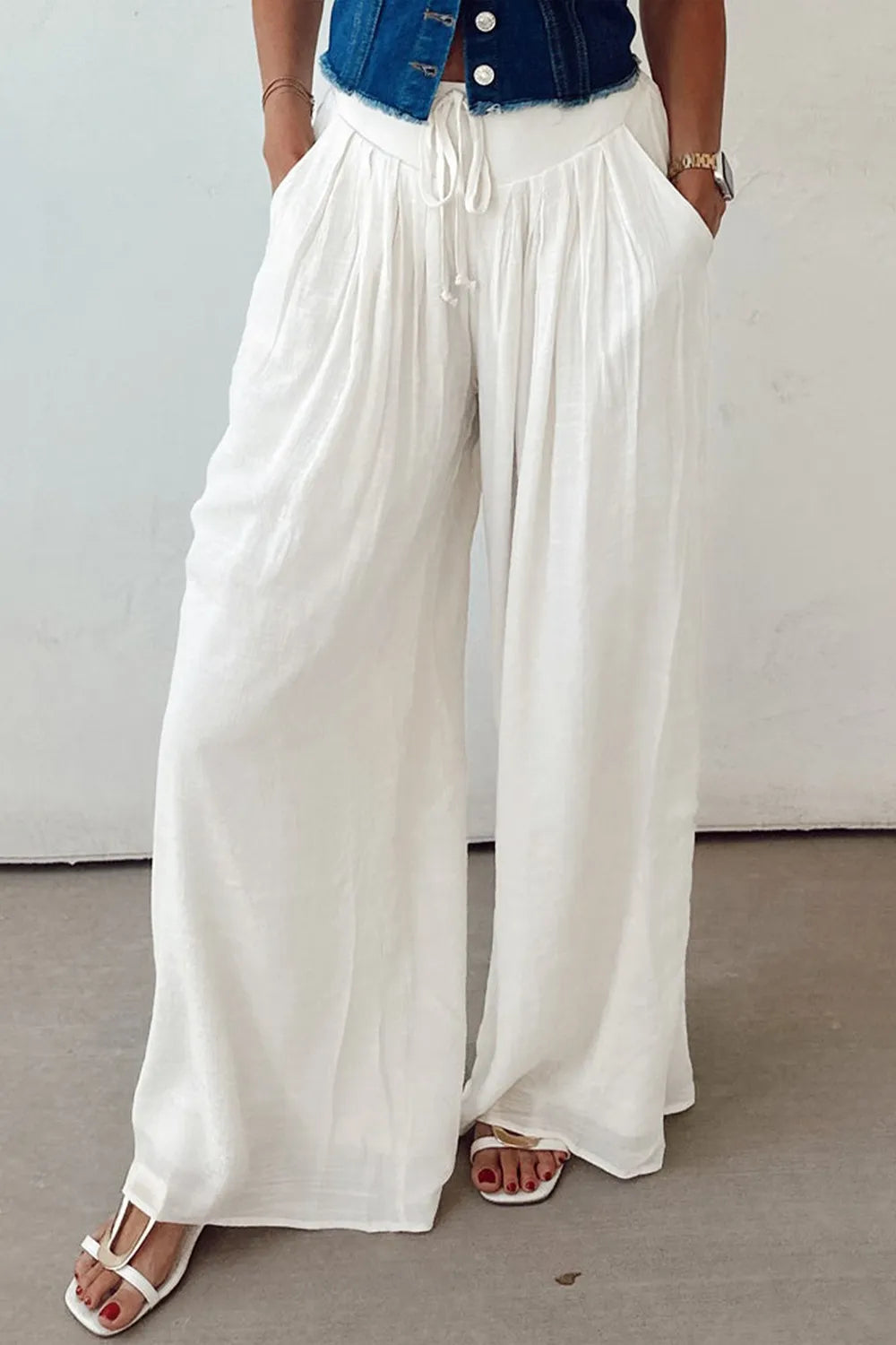 Flowy Wide Leg Pants with Drawstring Waist in White