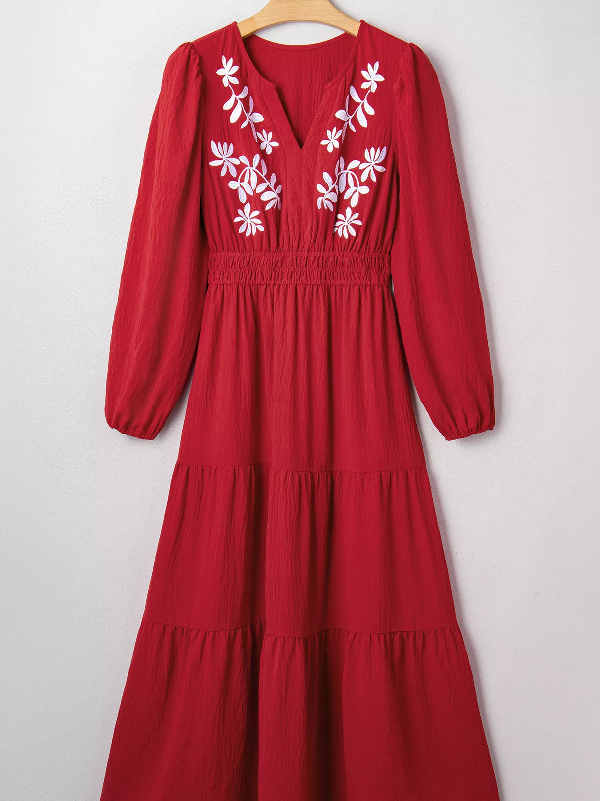 Embroidered Tiered Long Sleeve Maxi Dress in Rust