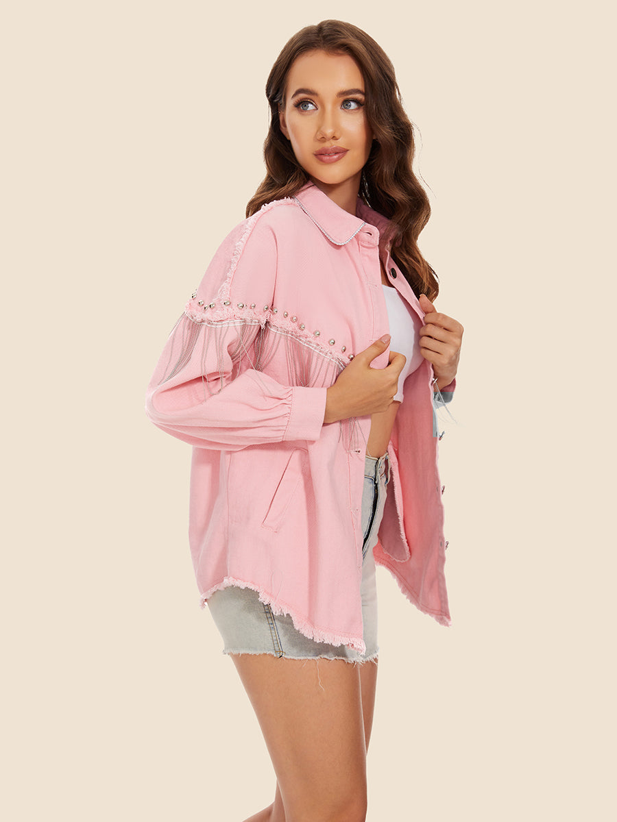 Raw Hem Fringe Detail Denim Jacket by Y.Y@Denim