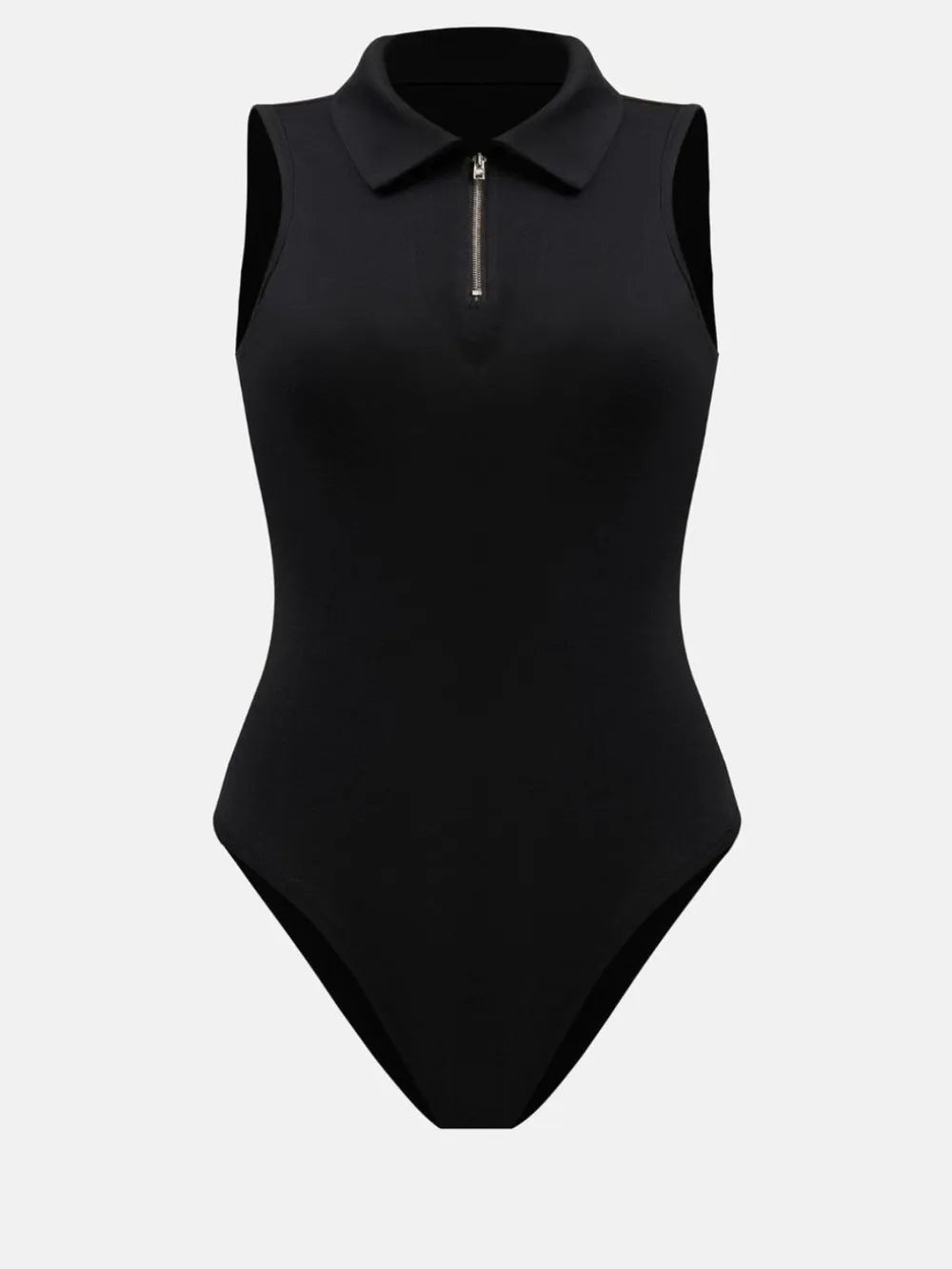 Quarter Zip Collared Sleeveless Bodysuit in Black