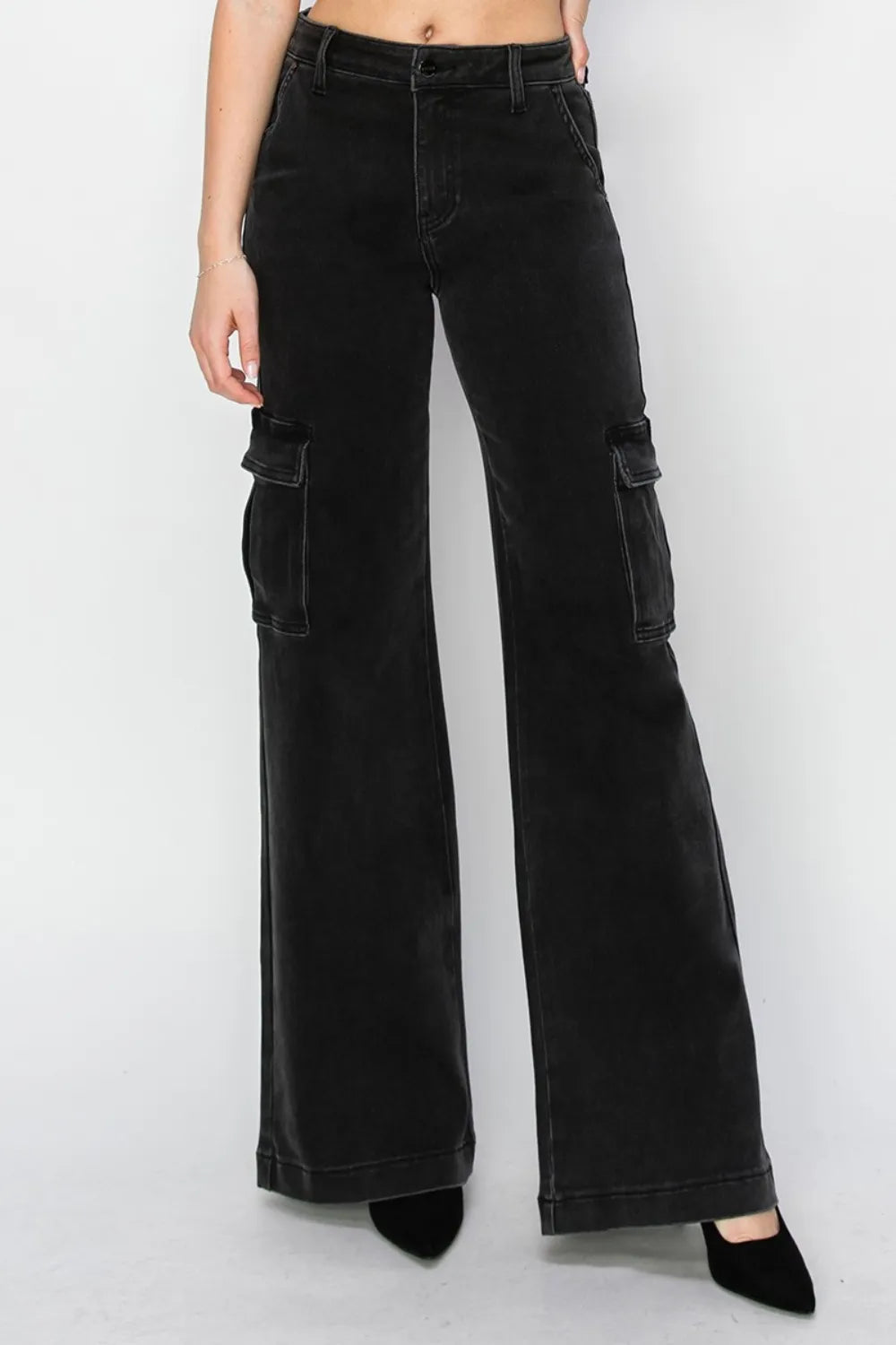Risen High Rise Wide Leg Cargo Jeans in Black