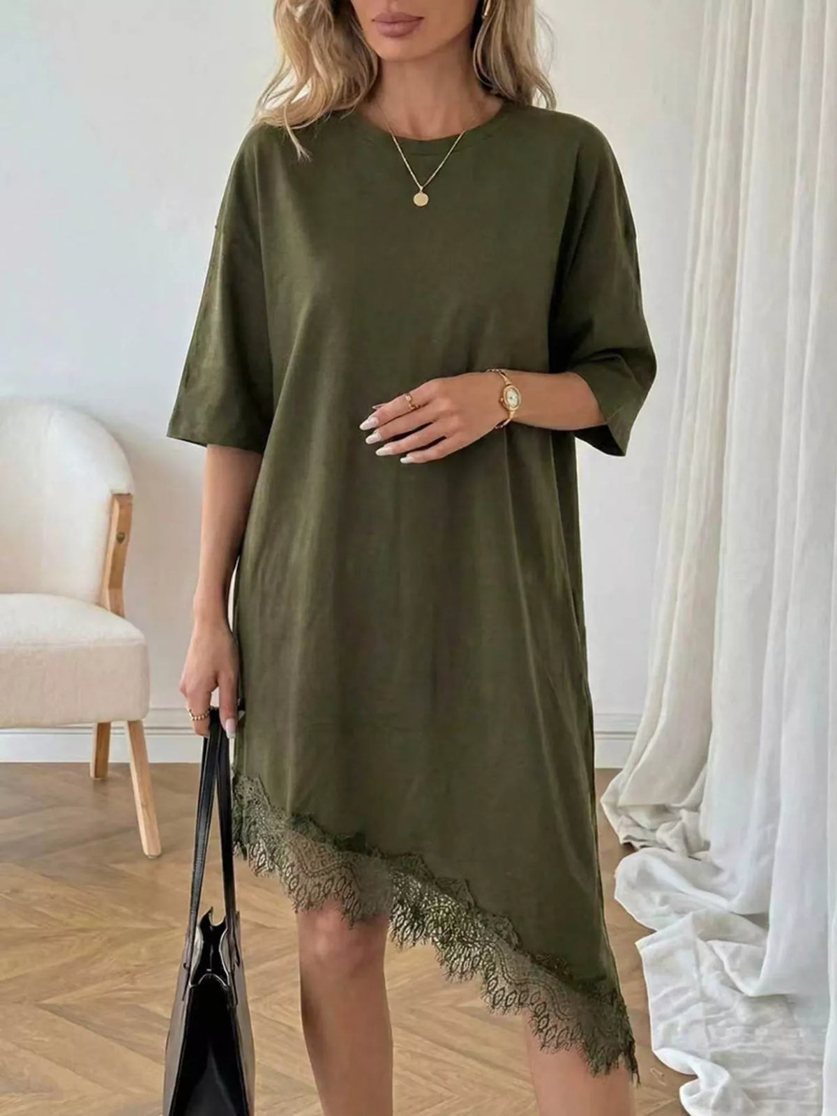 Asymmetrical Hem T-Shirt Dress with Lace Trim