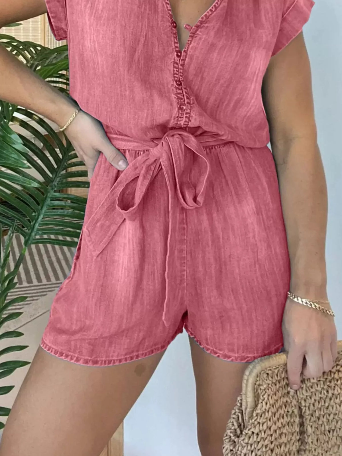 Tie Waist Cap Sleeve Romper
