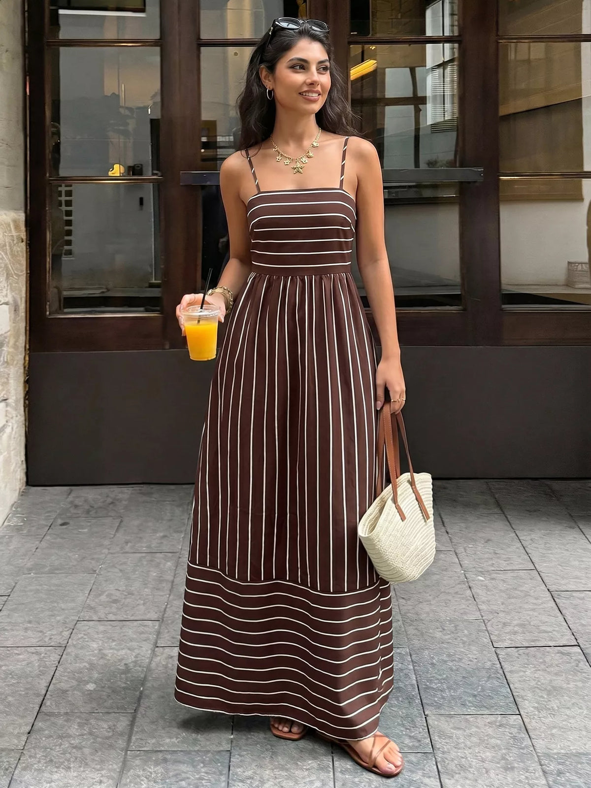 Striped Spaghetti Strap Maxi Dress with Cutout