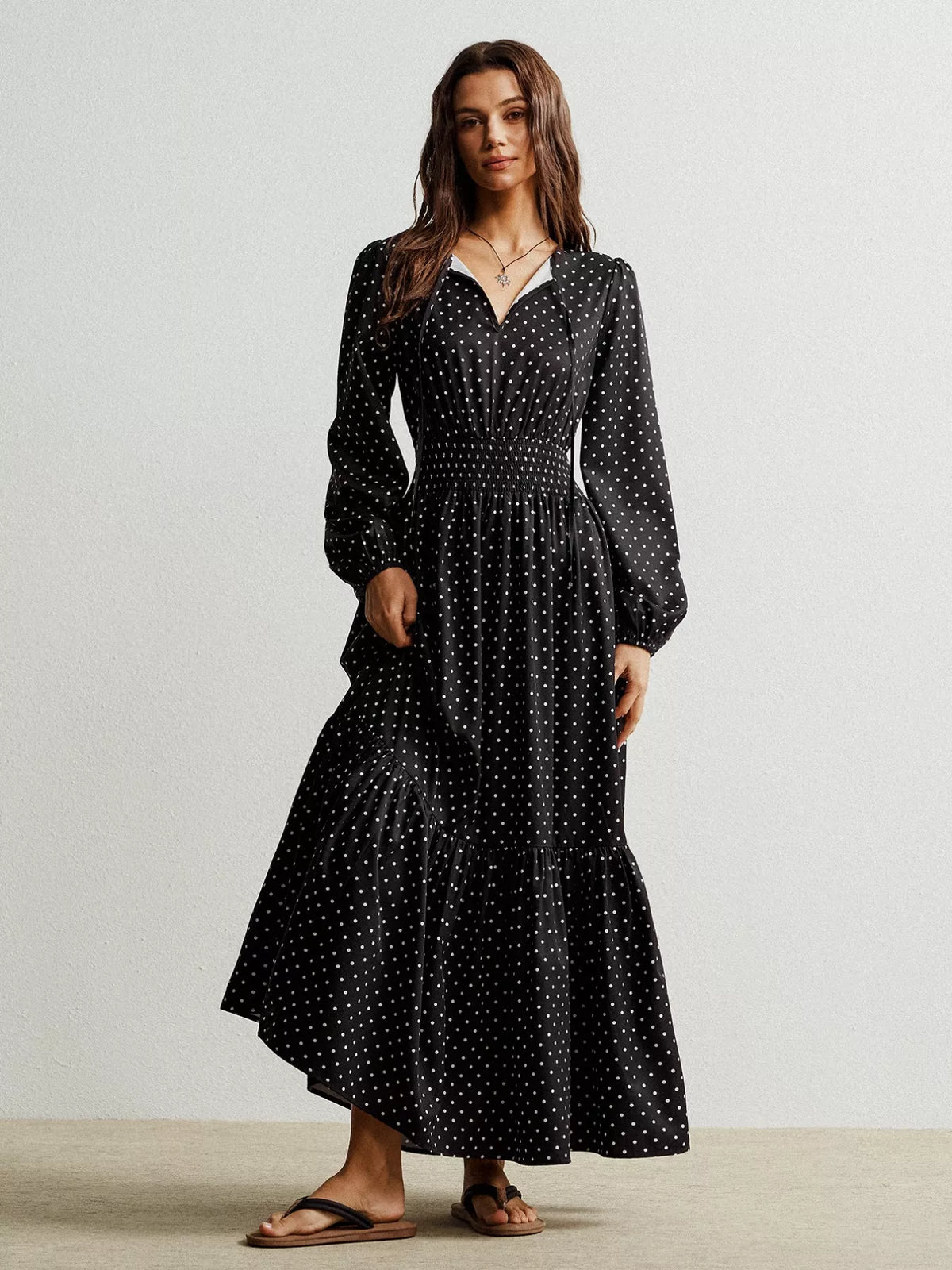 Polka Dot Long Sleeve Maxi Dress in Black
