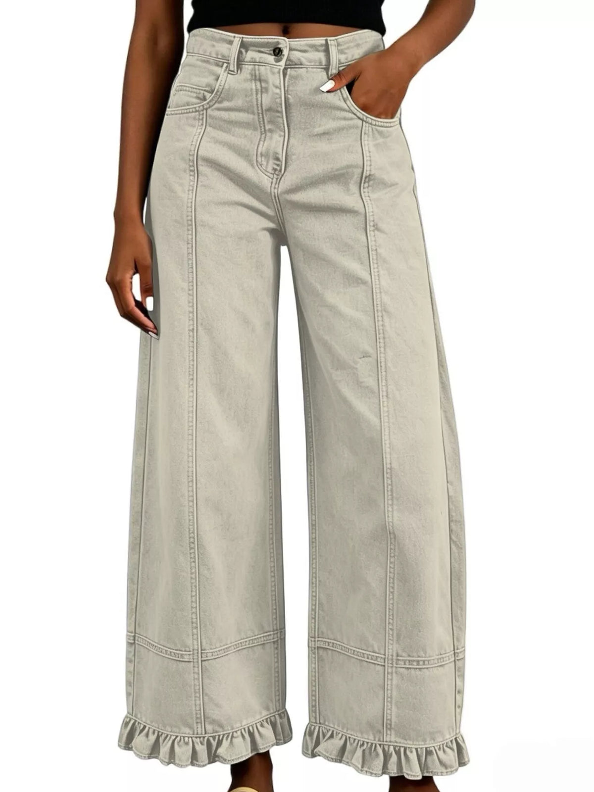 High-Waisted Wide-Leg Ruffled Hem Jeans by Dreamy Drapes