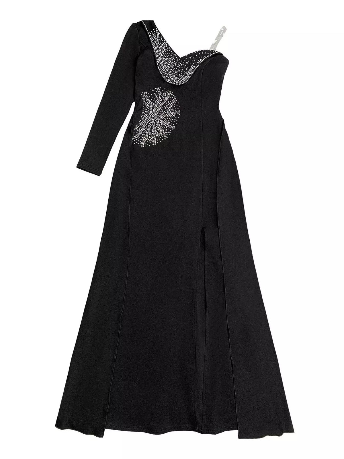 One Shoulder Rhinestone Maxi Dress in Black