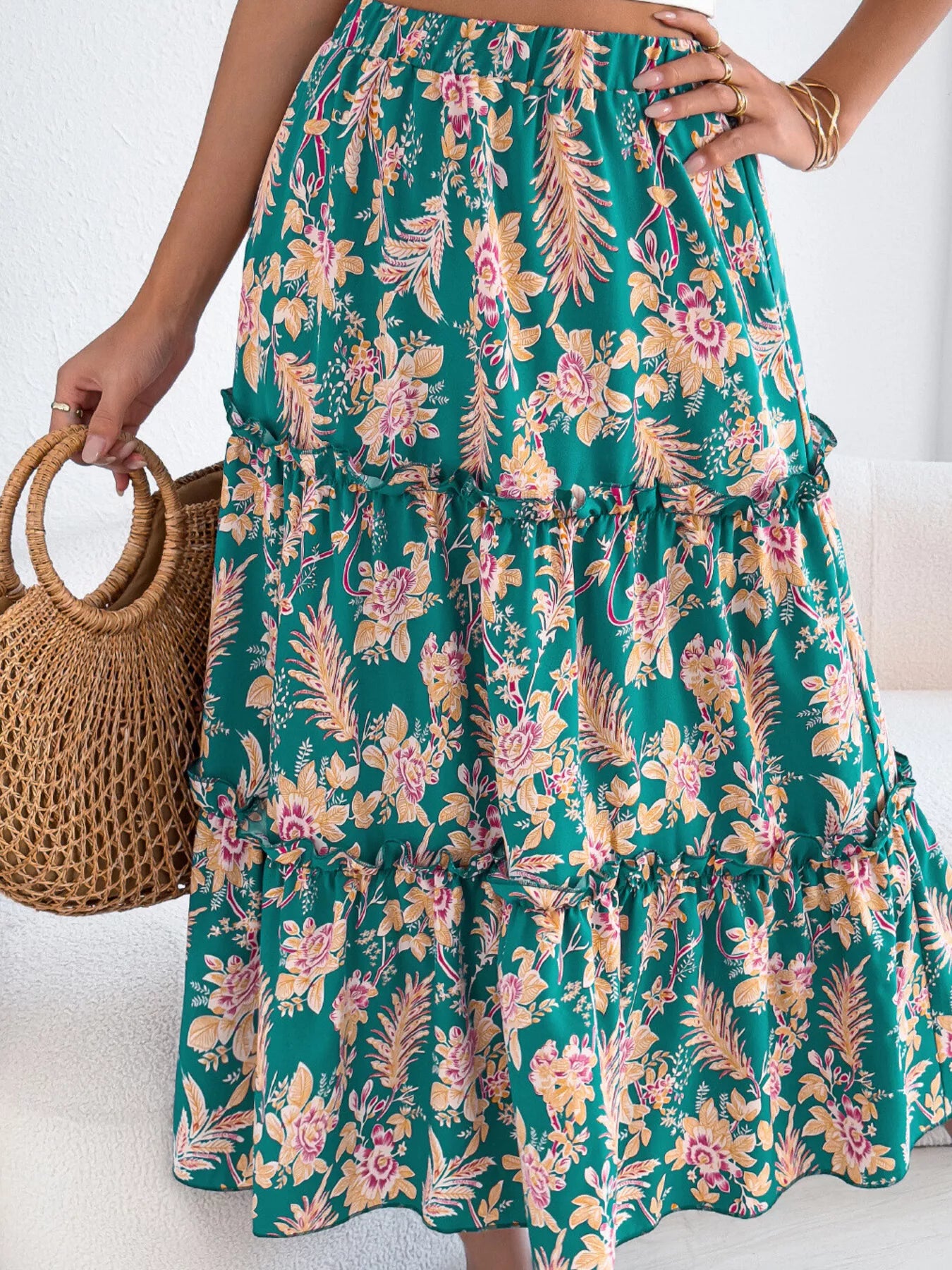 Floral Ruffle Hem Flowy Midi Skirt