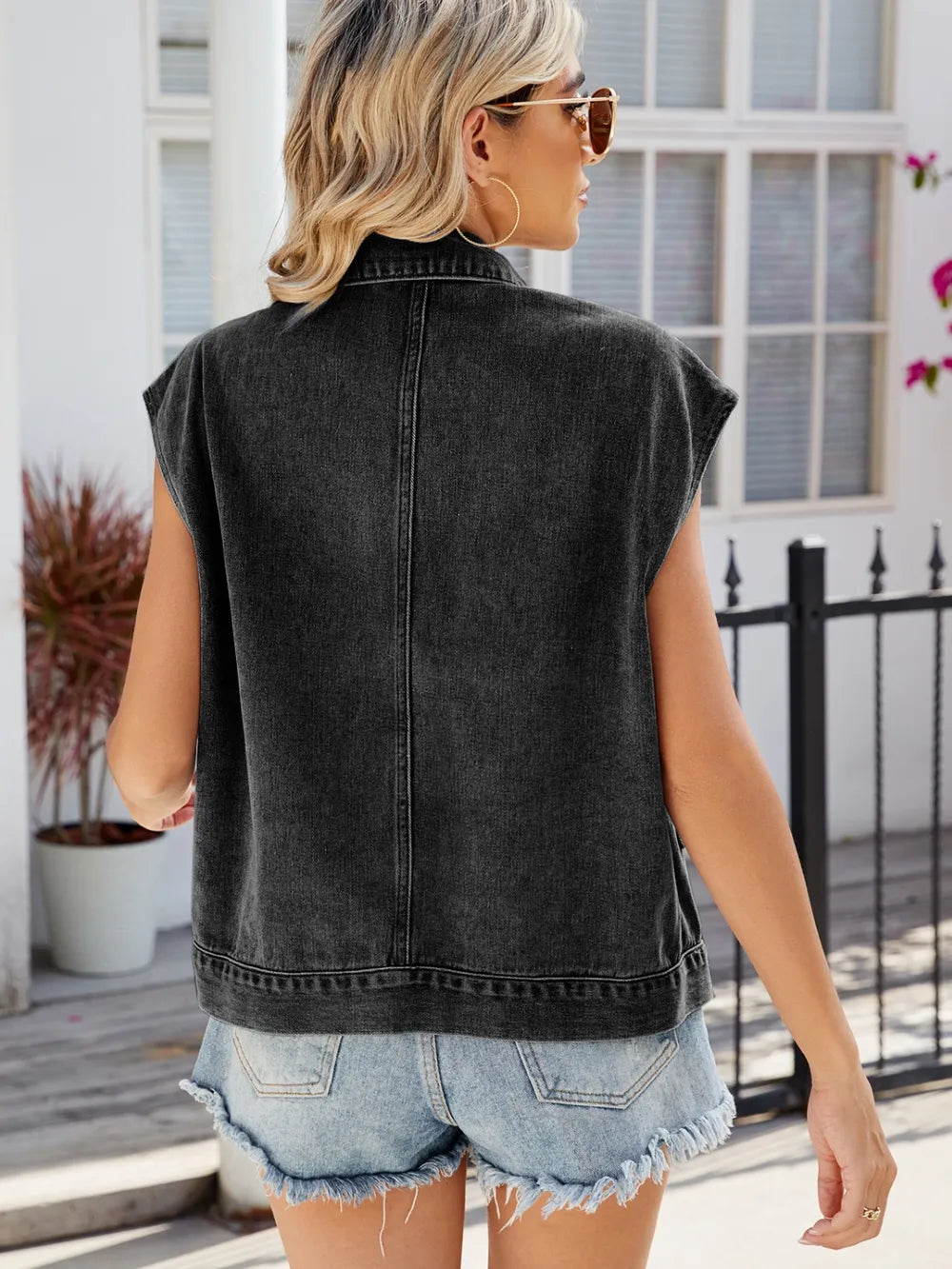 Sleeveless Button-Front Denim Jacket by Manny